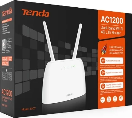 روتر 4G LTE تندا مدل 4G07 AC1200، وای فای دو بانده، 2.4 گیگاهرتز/5.8 گیگاهرتز، 802.11b/g/n/ac، LAN، توان ورودی AC 100V-240V، 2 آنتن جداشدنی | 4G07