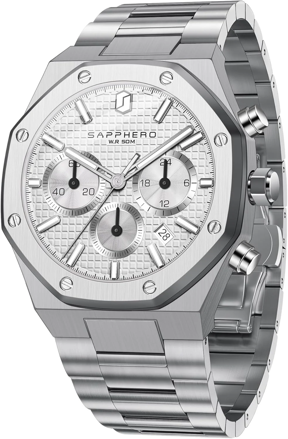 ساعت مردانه SAPPHERO، ضد آب تا عمق 50 متر، نقره ای، استیل ضد زنگ، آنالوگ، موتور کوارتز ژاپنی، هشت ضلعی، مینیمال، لوکس، کلاسیک، فشن، هدیه ای برای مردان
