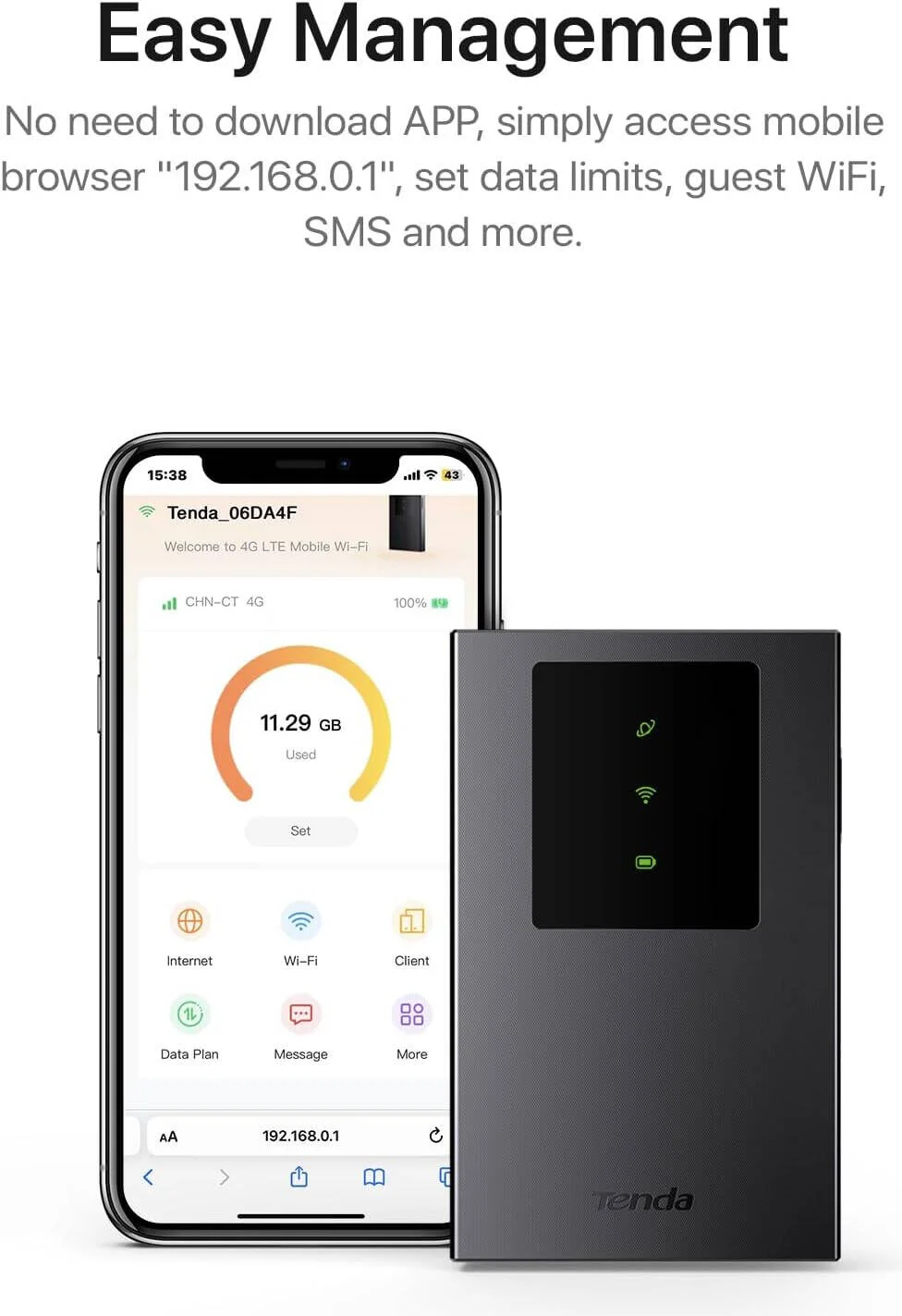مودم روتر وای فای همراه 4G تندا مدل MF3، هات اسپات قابل حمل MiFi، CAT4 LTE 150Mbps، AX300 Wi-Fi 6، باتری قابل شارژ 2100mAh، پورت USB-C، WPA3، Plug and Play، مشکی | MF3