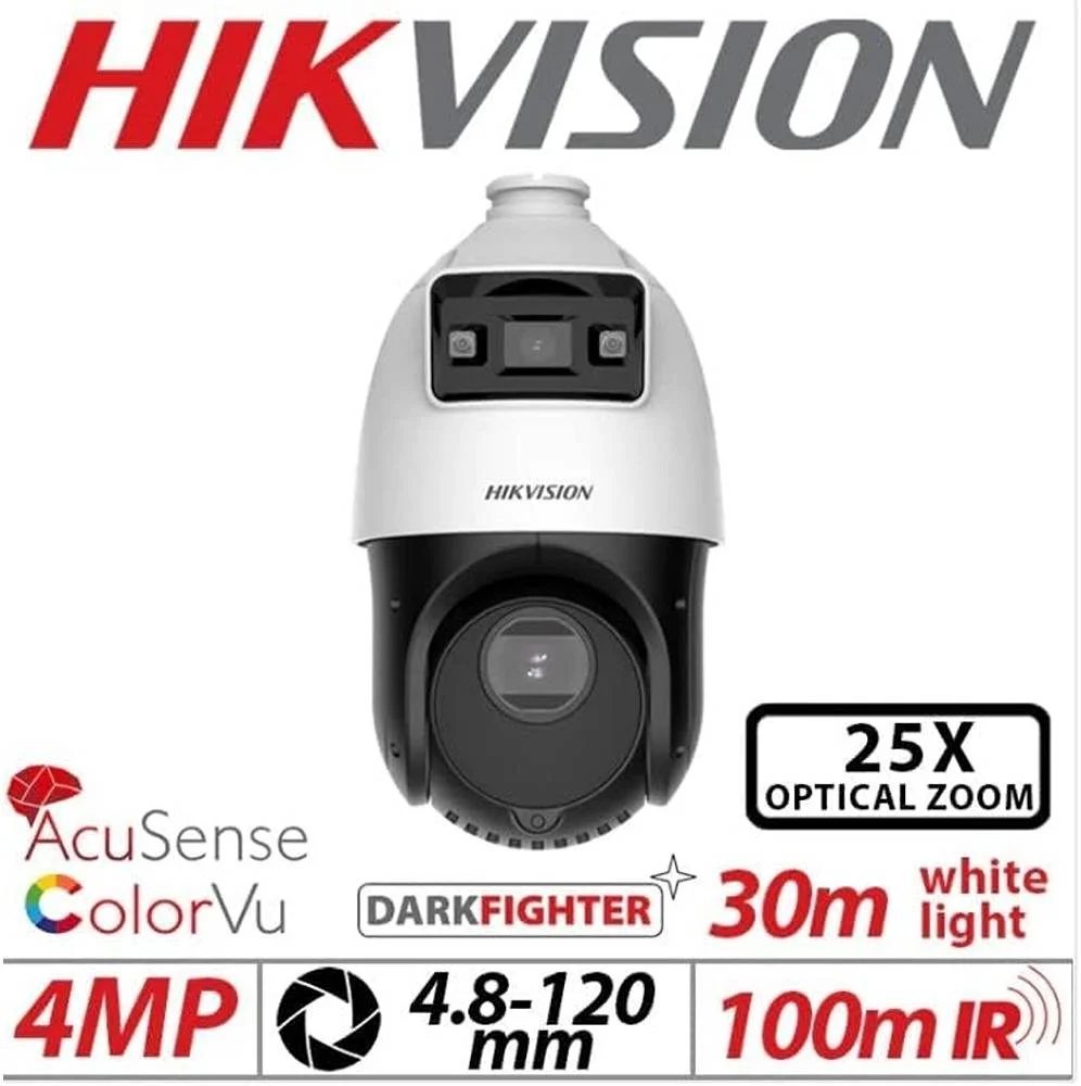دوربین اسپید دام تحت شبکه 4 اینچی 4 مگاپیکسلی 25X هایک ویژن TandemVu، زوم اپتیکال 25 برابر و زوم دیجیتال 16 برابر، فاصله IR تا 100 متر، پشتیبانی از 12V DC و PoE+، WDR، HLC، BLC، 3D DNR