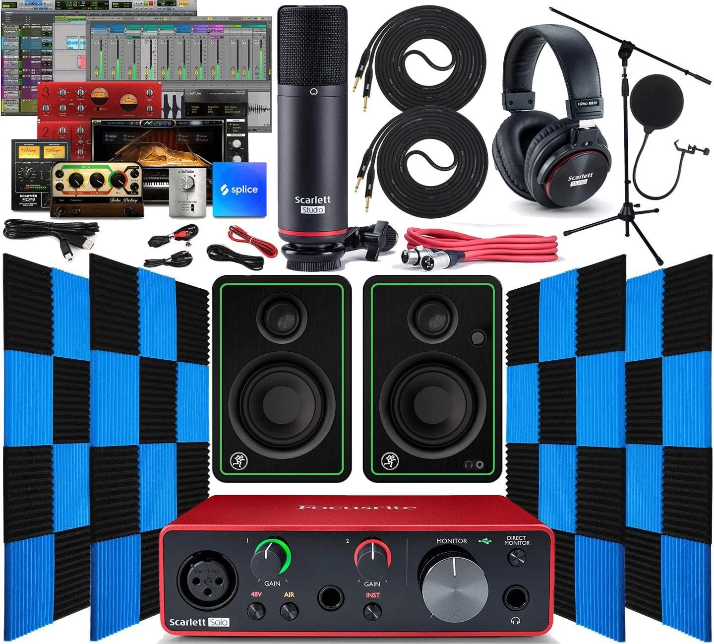 کارت صدای USB فوکوسرایت Scarlett Solo 2x2 به همراه بسته نرم افزاری موسیقی به همراه یک جفت مانیتور استودیویی Mackie CR3-X و 24 عدد فوم آکوستیک عایق صدا