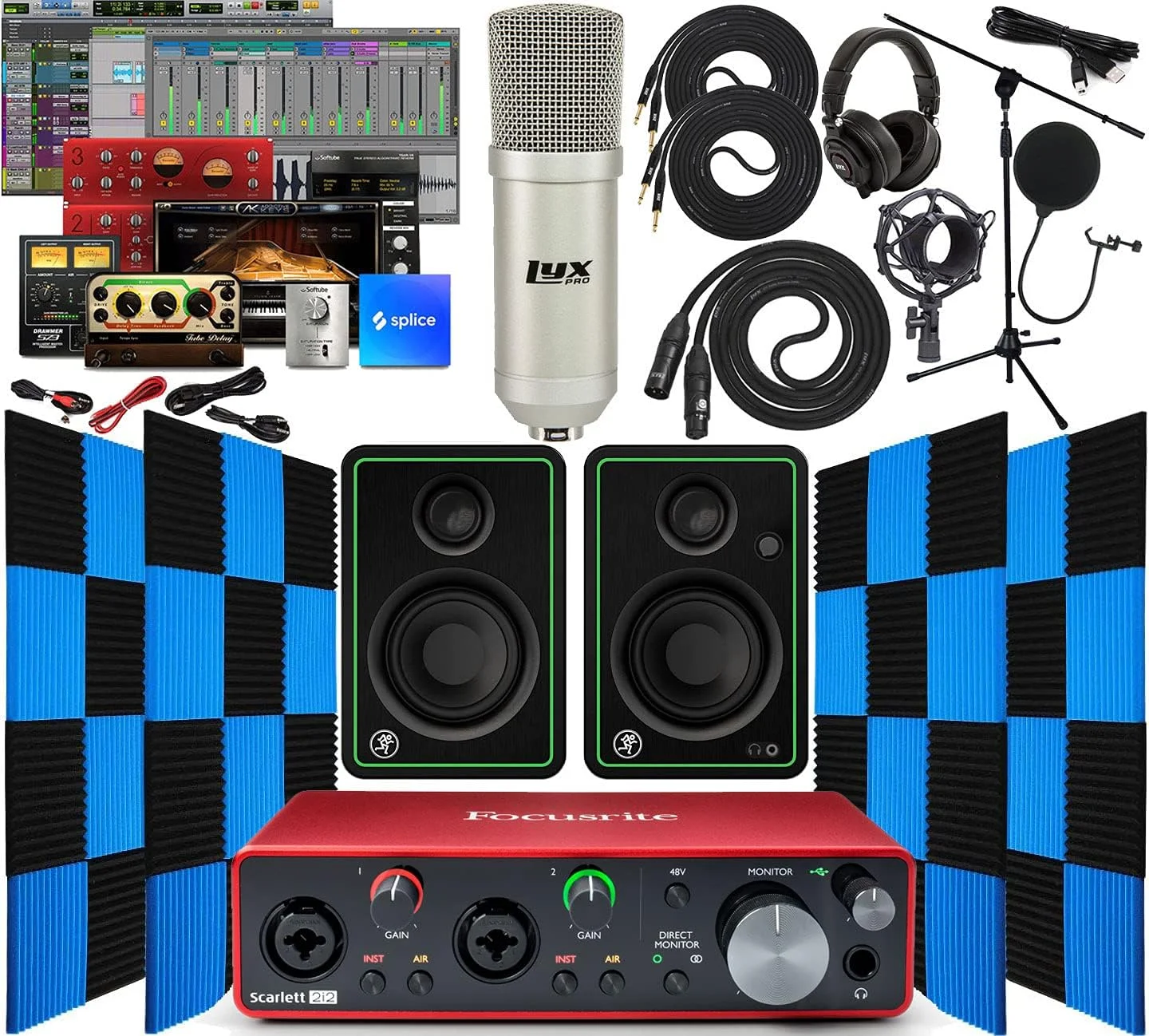 کارت صدای USB فوکوسرایت Scarlett 2i2 2x2 به همراه بسته نرم افزاری موسیقی به همراه یک جفت مانیتور استودیویی Mackie CR3-X و 24 عدد فوم آکوستیک عایق صدا