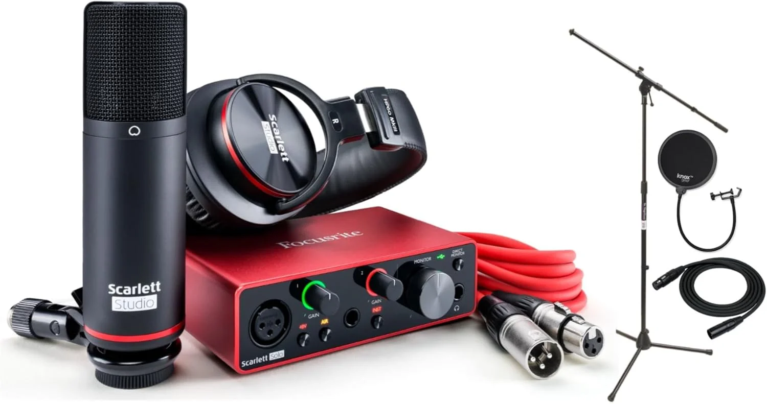 مجموعه استودیویی کارت صدای USB Focusrite Scarlett Solo نسل سوم به همراه پایه بوم، کابل XLR و پاپ فیلتر (4 قطعه) مجموعه استودیویی کارت صدای USB Focusrite Scarlett Solo نسل سوم به همراه پایه بوم، کابل XLR و پاپ فیلتر (4 قطعه)