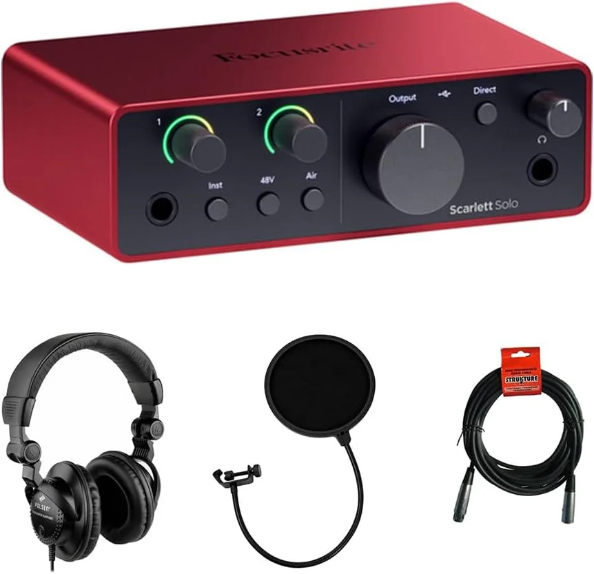 کارت صدای Focusrite Scarlett Solo USB-C (نسل 4) به همراه هدفون مانیتورینگ استودیویی Polsen HPC-A30، پاپ فیلتر و کابل XLR-XLR
