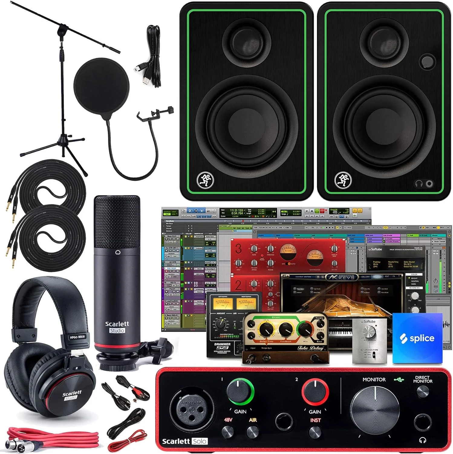 کارت صدای USB Focusrite Scarlett Solo Studio نسل سوم به همراه باندل ضبط صدا با مانیتور (جفت)، پایه میکروفون، کابل TS هشت میلی متری (دو عدد) و پاپ فیلتر (پنج قطعه)