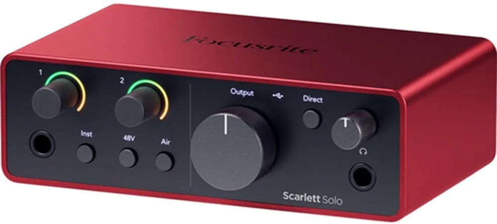 کارت صدای Focusrite Scarlett Solo USB-C (نسل 4) به همراه هدفون مانیتورینگ استودیویی Polsen HPC-A30، پاپ فیلتر و کابل XLR-XLR