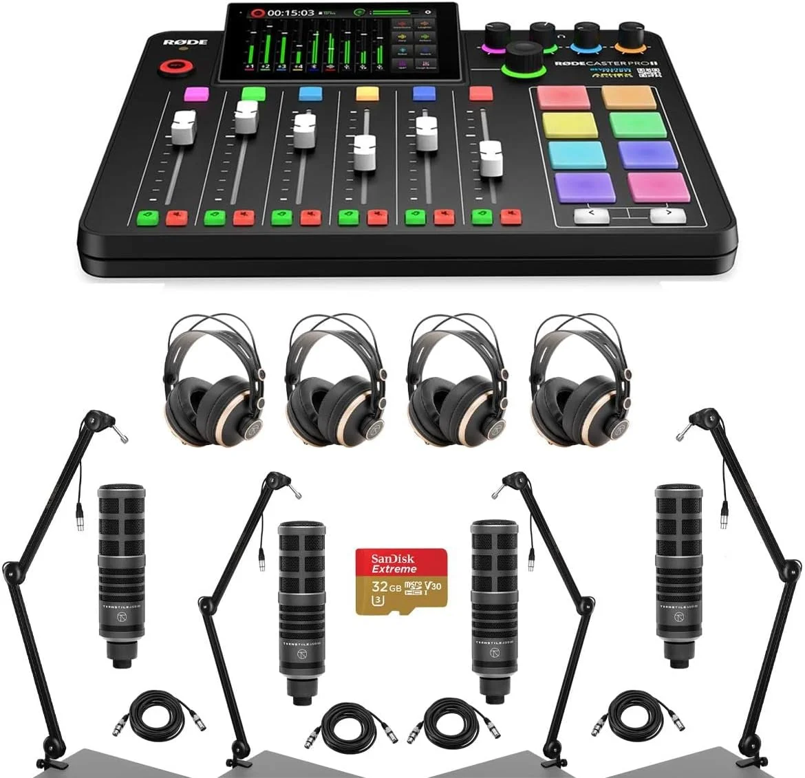 استودیوی تولید صوتی یکپارچه Rode RODECaster Pro II به همراه 4 عدد میکروفون TAP300، 4 عدد هدفون TAPH700، 4 عدد بازوی پخش، 4 عدد کابل XLR نر به ماده، کارت حافظه microSD 32 گیگابایتی