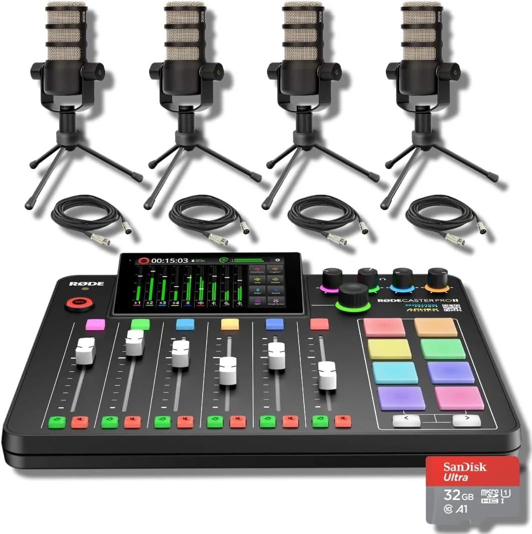 مجموعه کامل پادکست و تولید صدا شامل Rode RODECaster Pro 2، میکروفون پادکست داینامیک Rode PodMic، پایه میکروفون رومیزی، کارت microSD 32 گیگابایتی، کابل XLR و پارچه StreamEye (بسته چهار نفره)