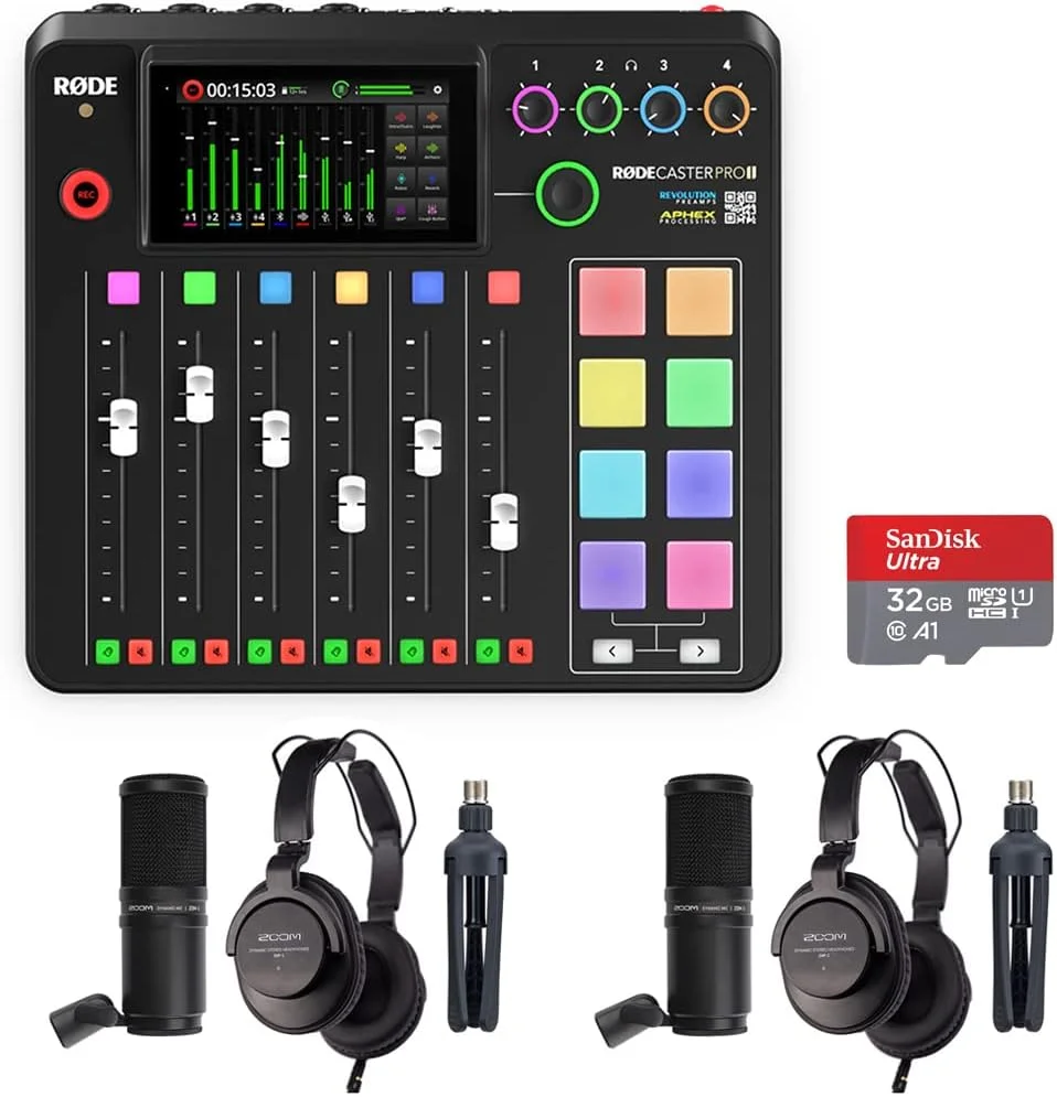 استودیو تولید صوتی یکپارچه Rode RODECaster Pro II به همراه 2 بسته میکروفون پادکست Zoom ZDM-1 و کارت حافظه microSDHC با ظرفیت 32 گیگابایت