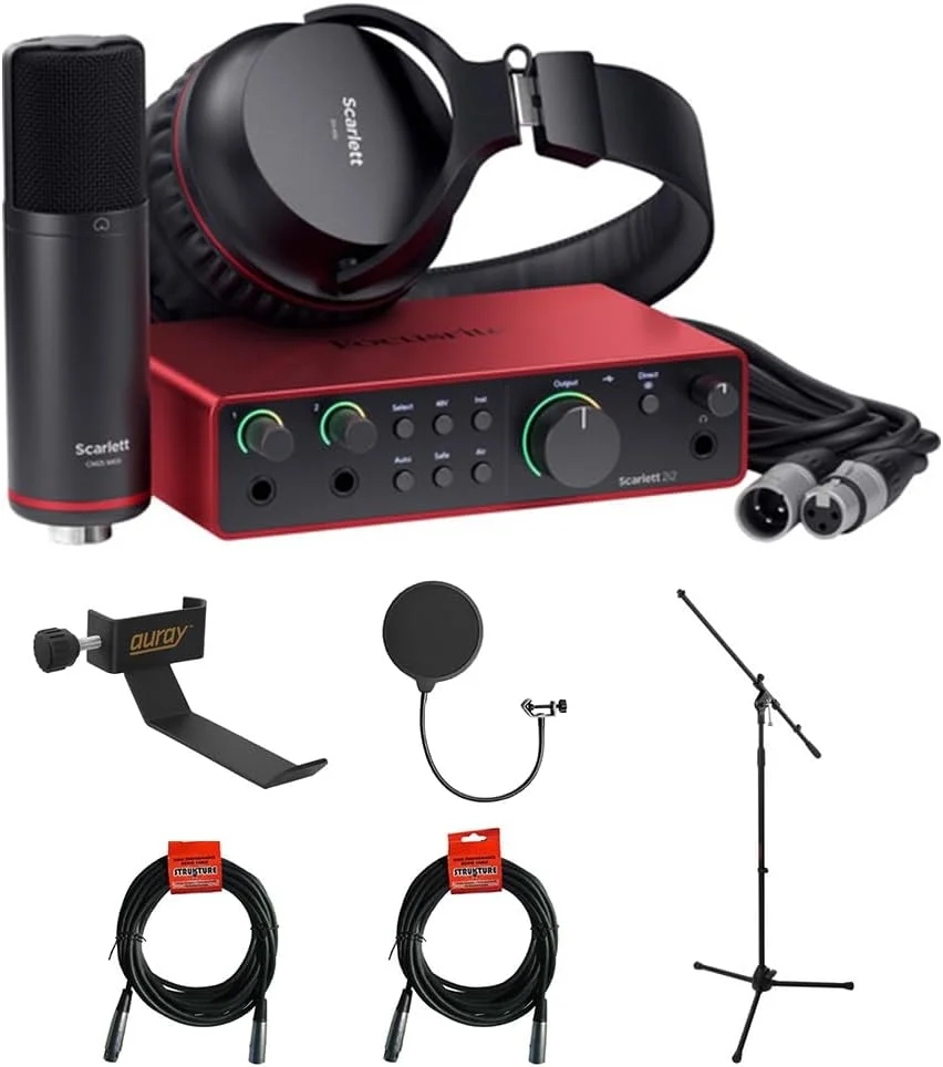 کارت صدای Focusrite Scarlett 2i2 USB-C (نسل 4) به همراه پایه میکروفون سه پایه + بازویی، نگهدارنده هدفون، پاپ فیلتر و 2 کابل XLR
