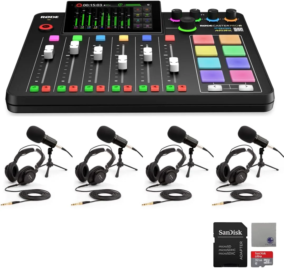 پکیج استودیوی تولید صدا Rode RODECaster Pro II به همراه 4 عدد پکیج میکروفون پادکست Zoom ZDM-1، کارت حافظه microSD 32 گیگابایتی و پارچه پولیش StreamEye