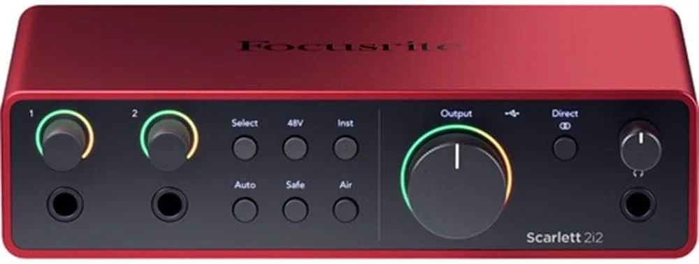 کارت صدای Focusrite Scarlett 2i2 USB-C (نسل 4) به همراه پایه میکروفون سه پایه + بازویی، نگهدارنده هدفون، پاپ فیلتر و 2 کابل XLR