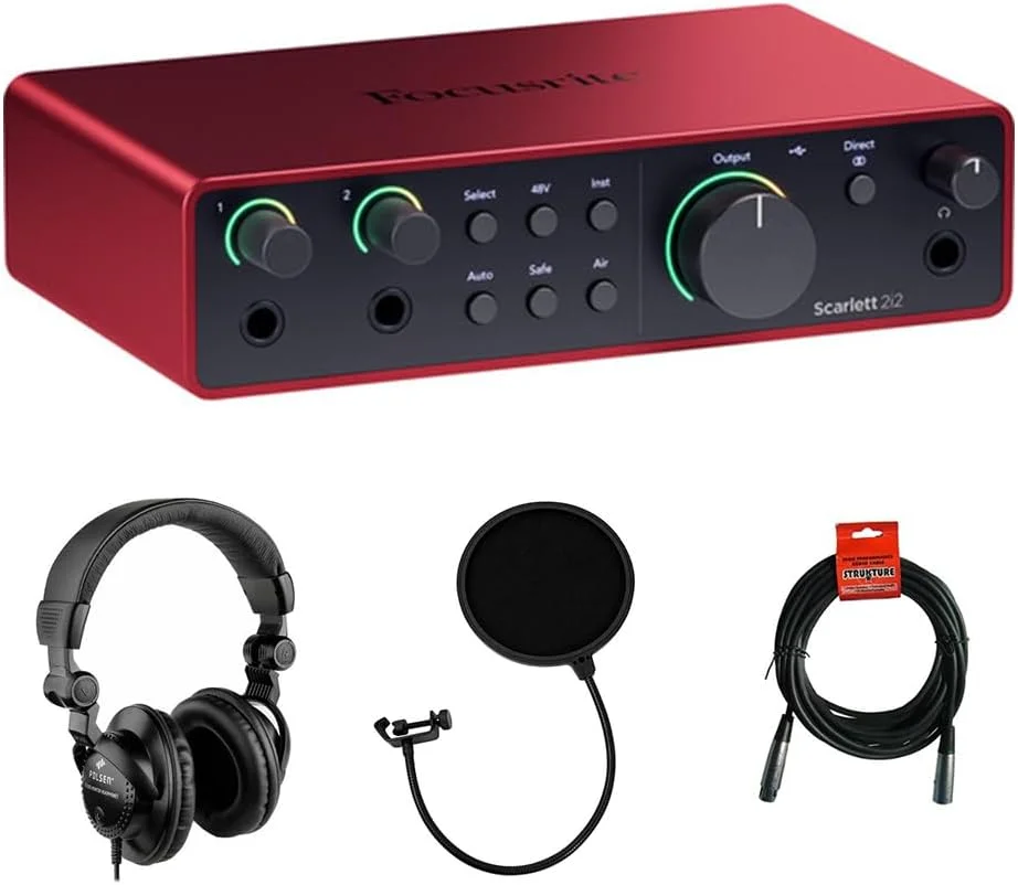 کارت صدای Focusrite Scarlett 2i2 USB-C (نسل چهارم) به همراه هدفون مانیتورینگ استودیویی Polsen HPC-A30، پاپ فیلتر و کابل XLR