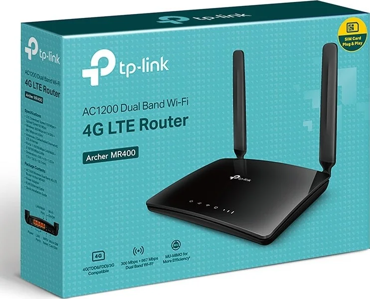 روتر 4G LTE بی سیم دو بانده AC1200 تی پی-لینک Archer MR400، دارای 3 پورت LAN با سرعت 10/100 مگابیت بر ثانیه، 1 پورت LAN/WAN با سرعت 10/100 مگابیت بر ثانیه، 2.4 گیگاهرتز و 5 گیگاهرتز | MR400