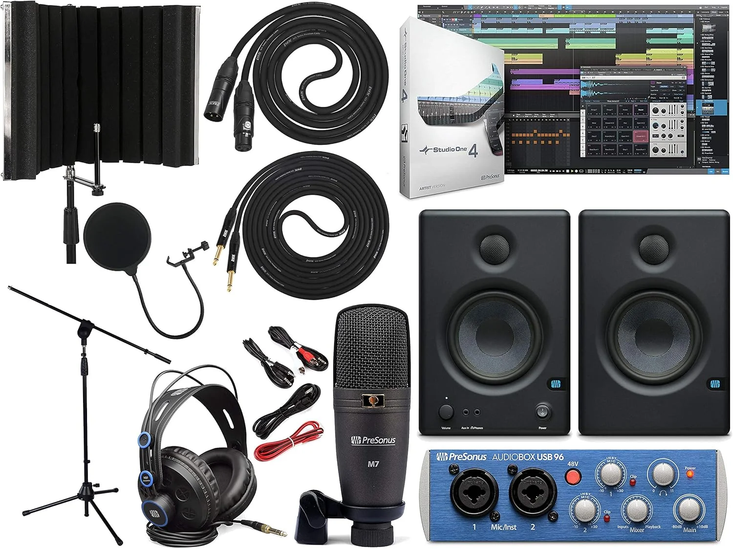 پکیج کامل استودیویی PreSonus AudioBox 96 (رنگ آبی یا مشکی متغیر است) به همراه نرم‌افزار Studio One Artist، مانیتورهای استودیویی Eris 4.5، کابل ساز و شیلد ایزوله میکروفون