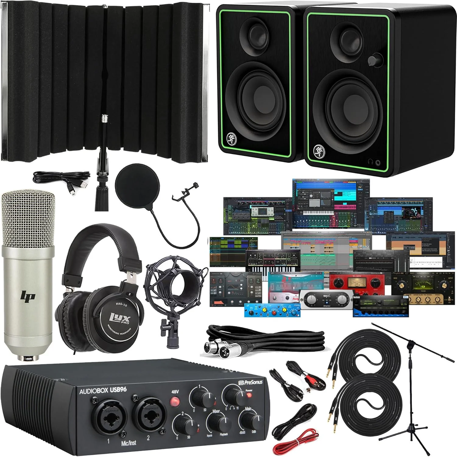 باندل کارت صدای PreSonus AudioBox USB 96 با مانیتورهای CR3، نرم افزار Studio One Artist، ورودی/خروجی MIDI و شیلد ایزولیشن - پکیج کامل ضبط خانگی برای نوازندگان و پادکسترها