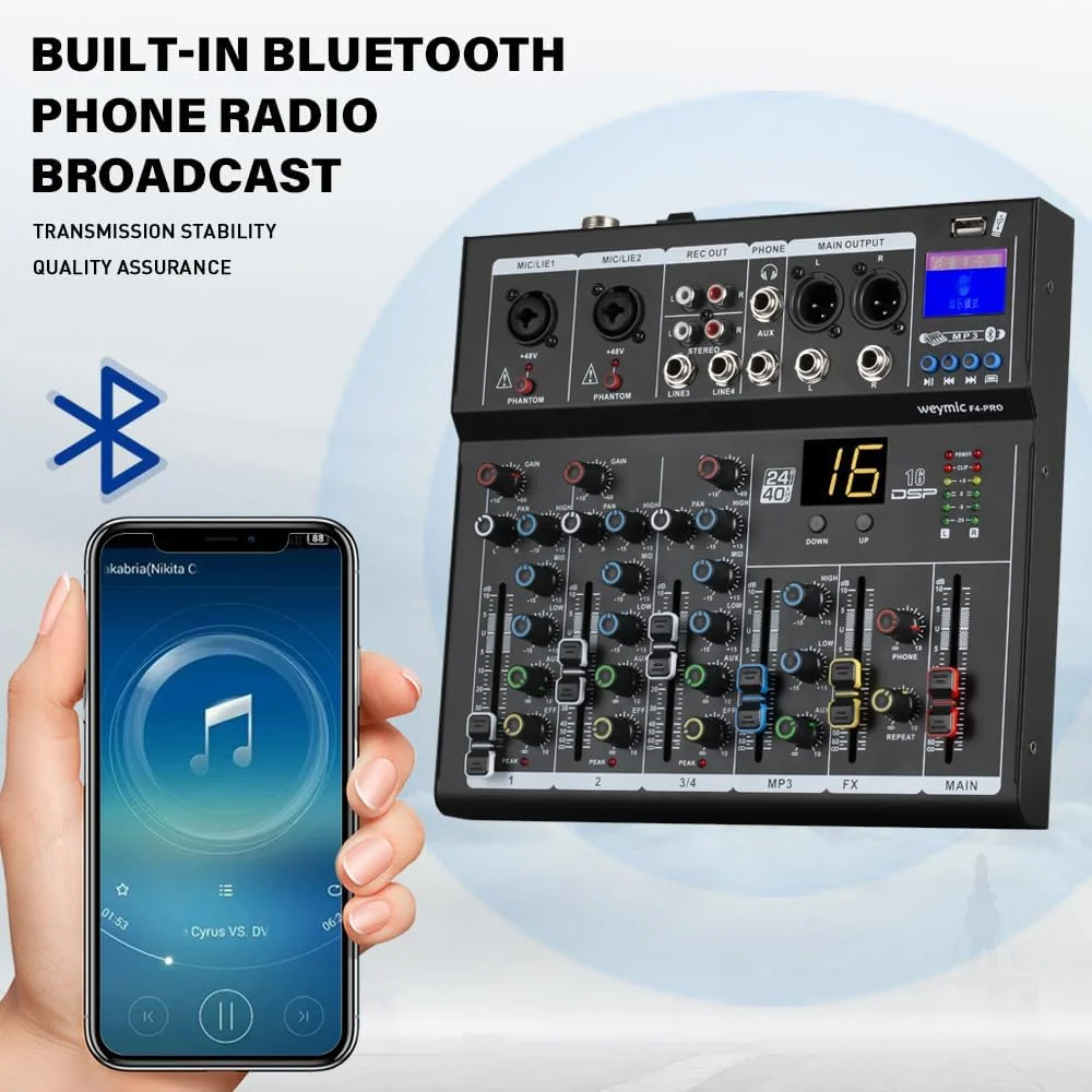 میکسر حرفه ای Weymic F4-Pro | میکسر 4 کاناله 2 باس با رابط صوتی USB برای ضبط، دی جی، استیج، کارائوکه و کاربردهای موسیقی
