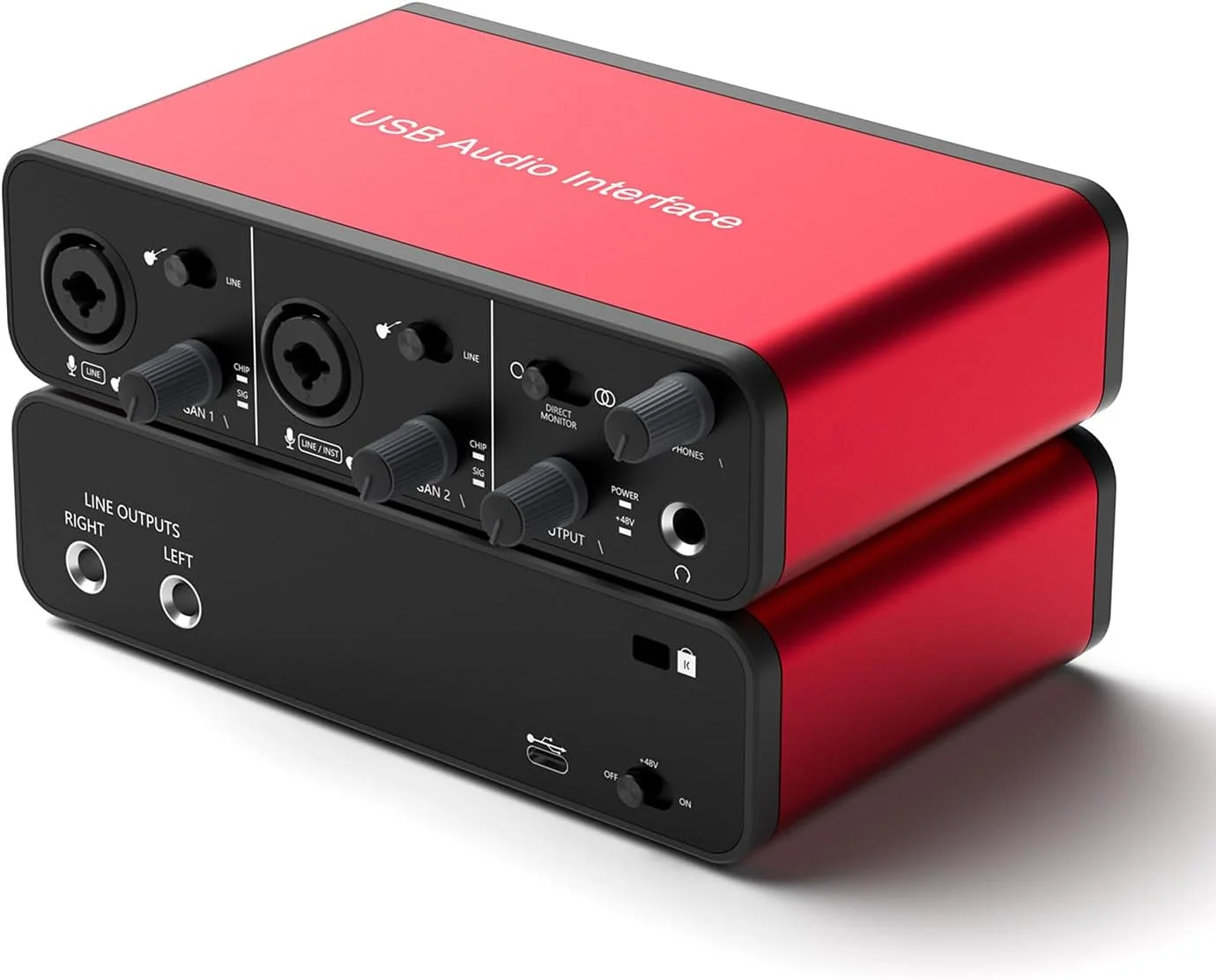 اینترفیس صوتی USB برای ضبط پادکست و استریمینگ، ضبط حرفه ای Plug-and-Play، پاور XLR، اینترفیس صوتی قرمز، بدون نویز