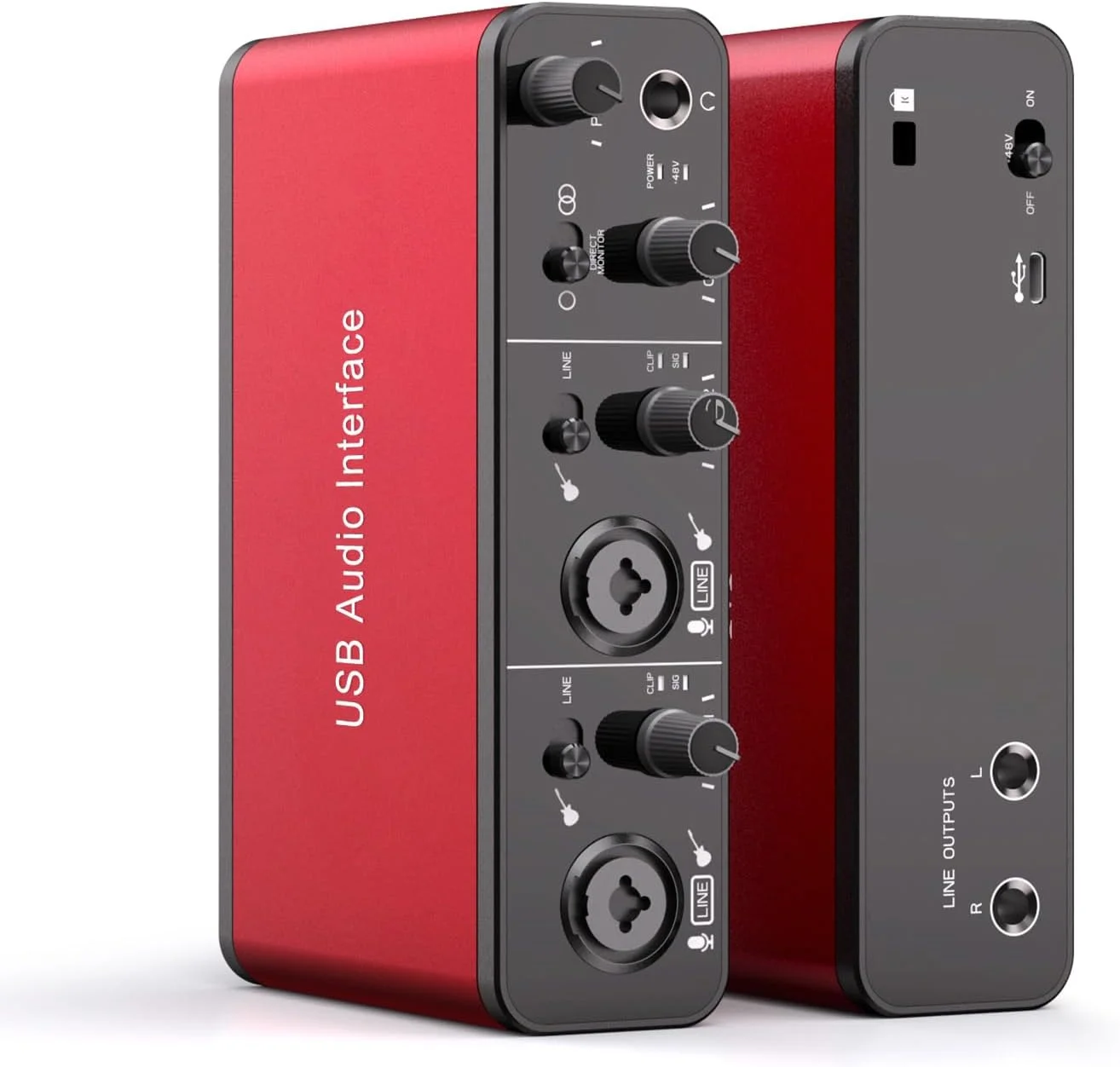 اینترفیس صوتی USB برای ضبط پادکست و استریمینگ، ضبط حرفه ای Plug-and-Play، پاور XLR، اینترفیس صوتی قرمز، بدون نویز