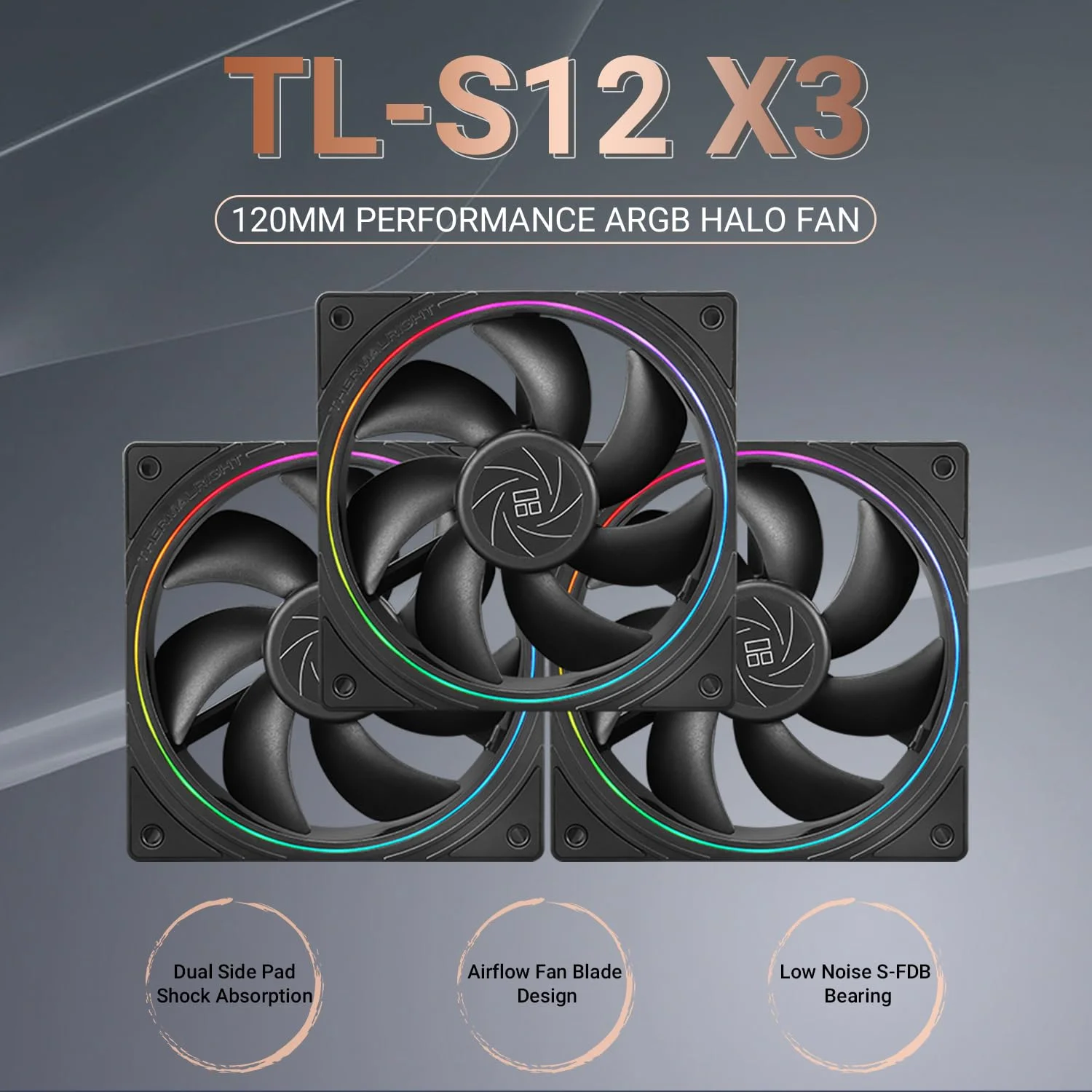 فن خنک کننده پردازنده Thermalright TL-S12، فن PWM کیس، جلوه نوری روزنه ظریف، فن کامپیوتر با کانکتور 4 پین PWM با روزنه ARGB، فن خنک کننده کامپیوتر با سرعت 1500 دور در دقیقه (120 میلی متر، 3 فن) - تصویر 2