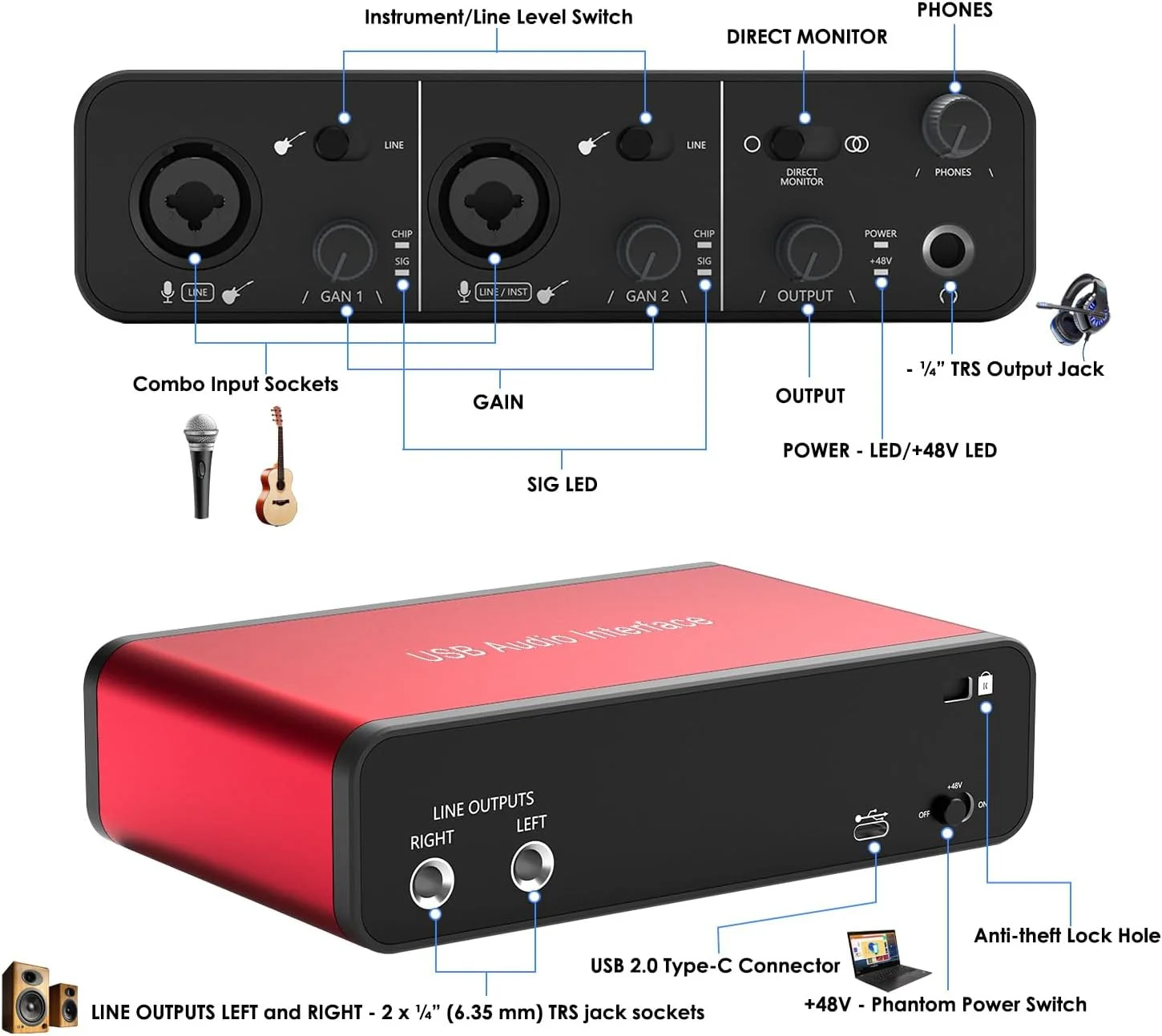 اینترفیس صوتی USB برای ضبط پادکست و استریمینگ، ضبط حرفه ای Plug-and-Play، پاور XLR، اینترفیس صوتی قرمز، بدون نویز