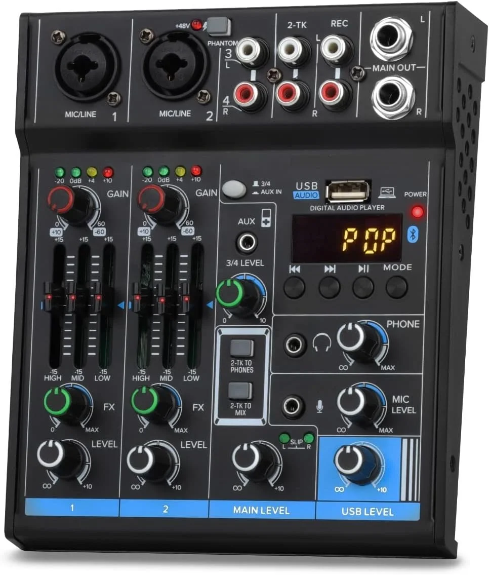 میکسر صوتی استریو TISTIK حرفه ای 4 کانال کارت صدا USB بلوتوث پاور فانتوم 48 ولت استودیو DJ کنسول میکس تولید زنده پیشرفته