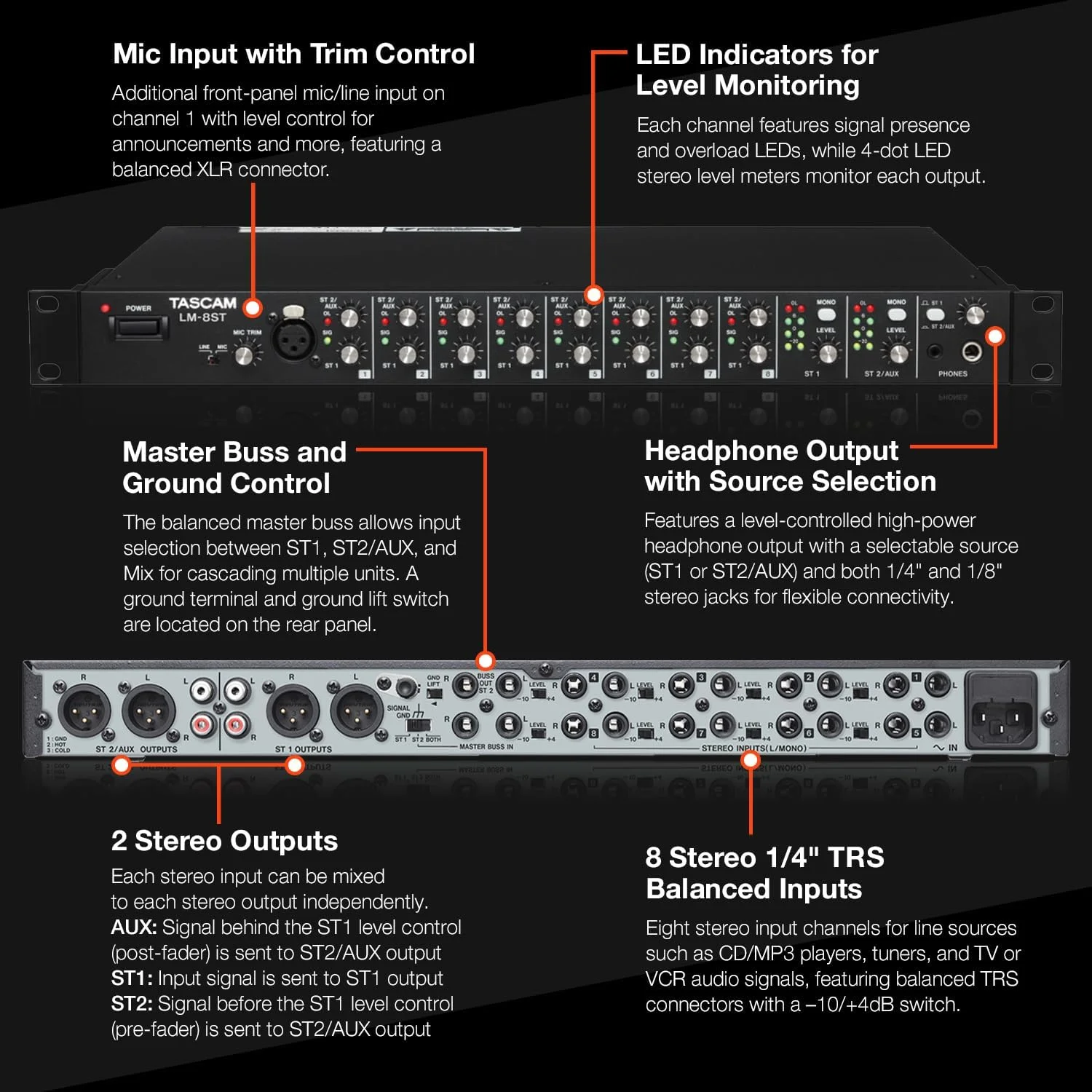 میکسر خط استریو 8 کاناله Tascam LM-8ST قابل نصب در رک