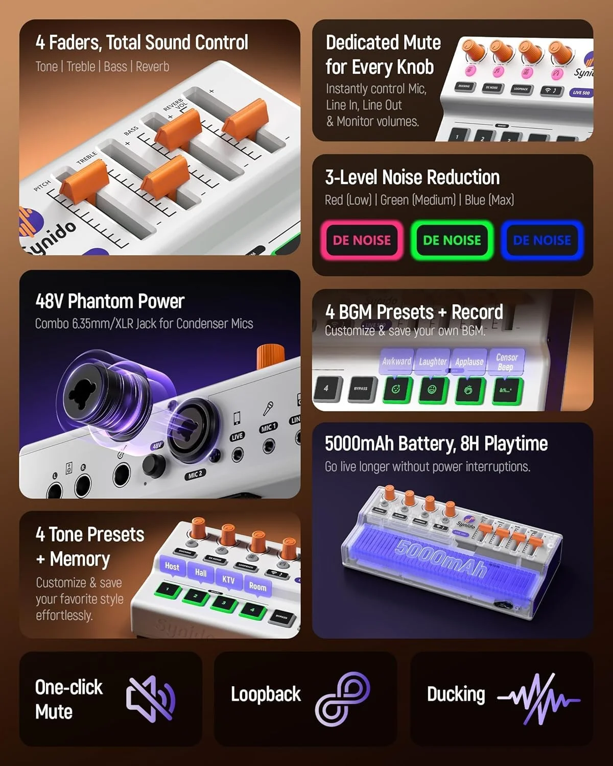 کارت صدای USB C سینیدو برای ضبط موسیقی، استریمینگ، پادکست با اتصال بی‌سیم، باتری داخلی، XLR، ورودی لاین، 24bit/48kHz، فانتوم پاور 48V، 4 پد صدای قابل تنظیم، LIVE 500