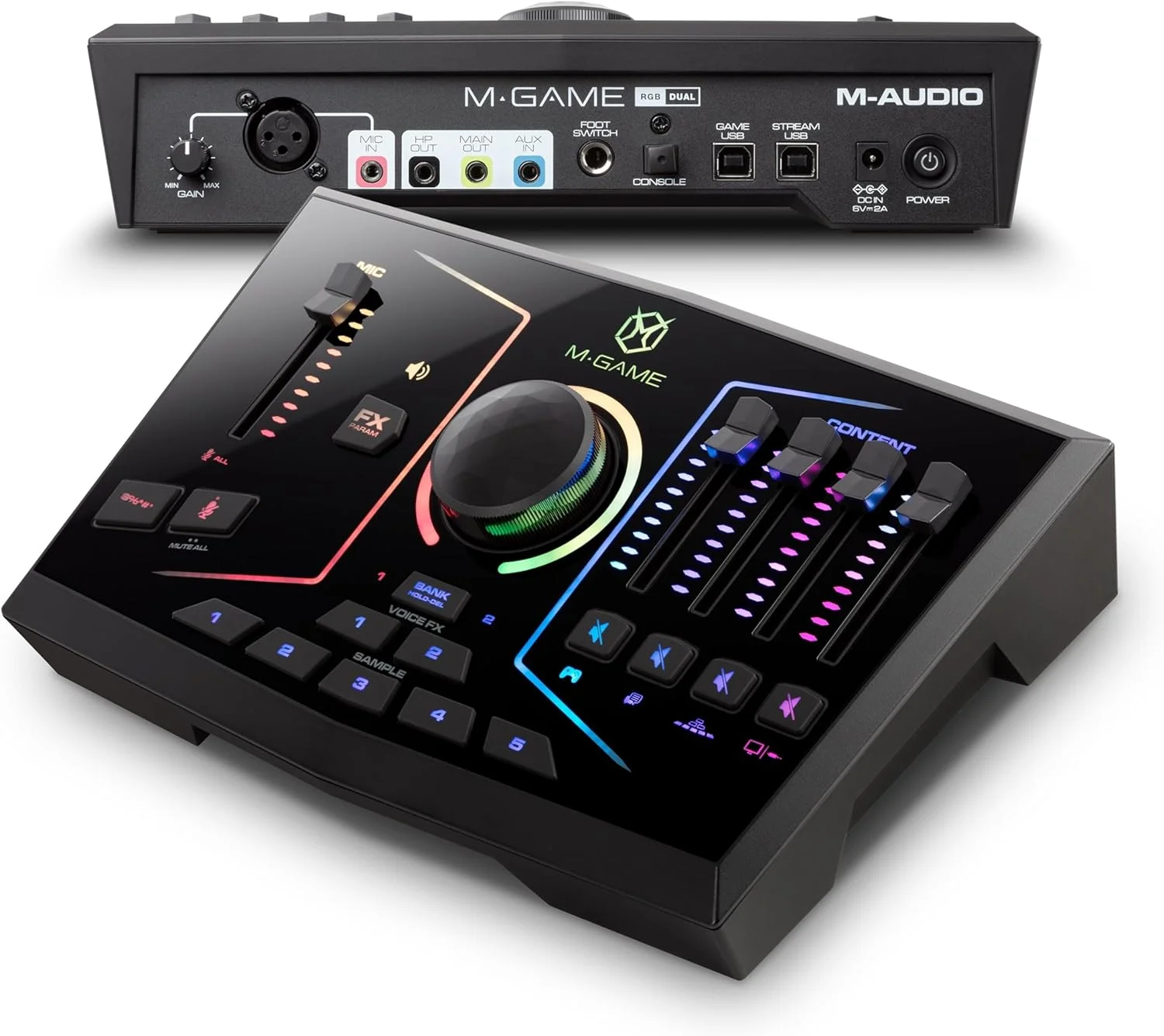 میکسر صوتی USB استریمینگ M-Game با 2 ورودی، 1 ورودی XLR، سمپلر داخلی، نورپردازی RGB قابل تنظیم و کنترل نرم افزاری RGB Dual - مشکی، برگشت لاین خارجی