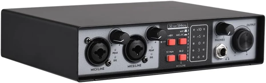 کارت صدای ضبط صدا 2 ورودی 2 خروجی میکسر، رابط های صوتی ضبط کامپیوتر، کنسول میکس، تجهیزات میکروفون دی جی بدون نیاز به درایور ضبط کامپیوتر، منبع تغذیه فانتوم 48 ولت میکسر صوتی