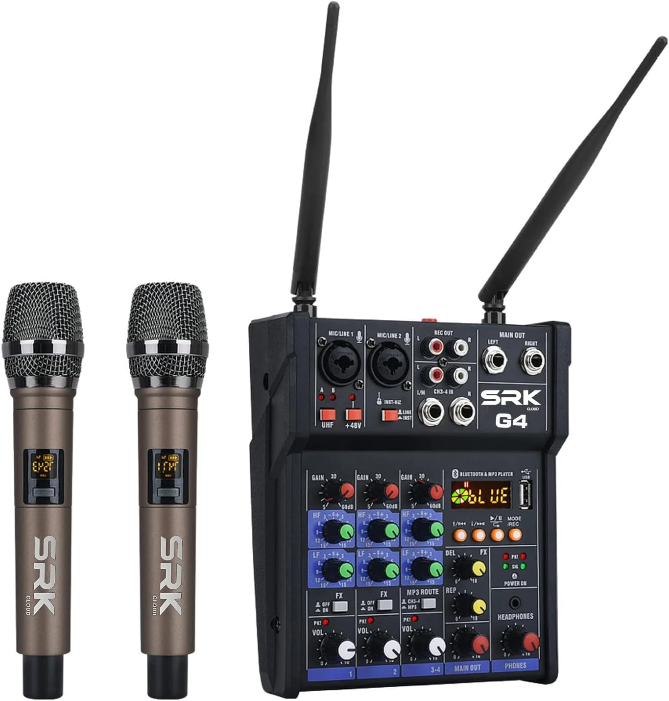 میکسر صدای حرفه ای G4 با 2 میکروفون بی سیم، بلوتوث، ضبط USB، پخش کامپیوتر با افکت، 4 کانال، رابط صوتی USB برای آواز، کارائوکه، یوتیوب