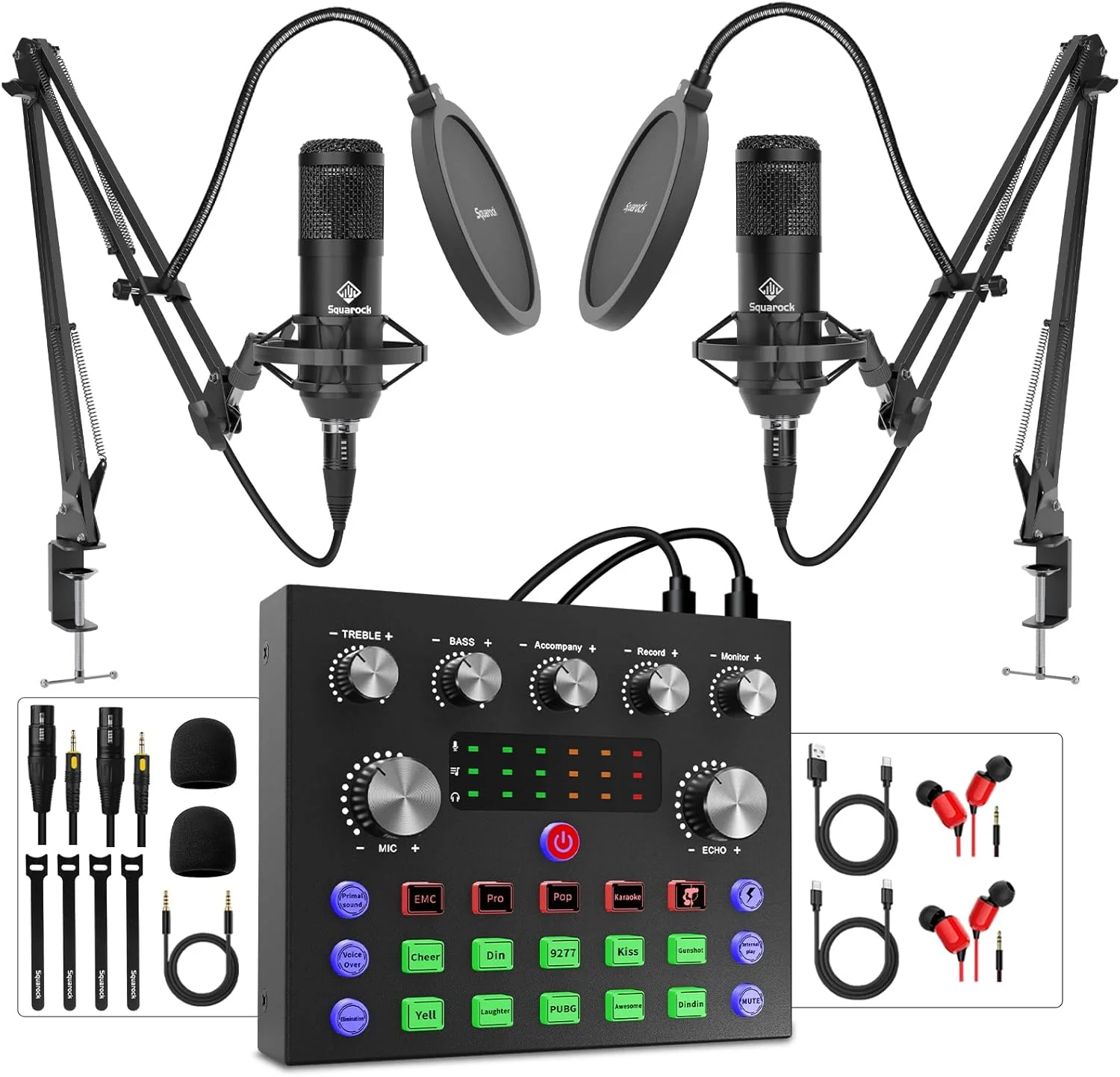 مجموعه تجهیزات پادکست برای 2 نفر، کارت صدا با میکسر DJ و میکروفون کاندنسر، میکسر صدا مناسب برای کامپیوتر/تلفن/لپ تاپ، ضبط، استریمینگ، بازی