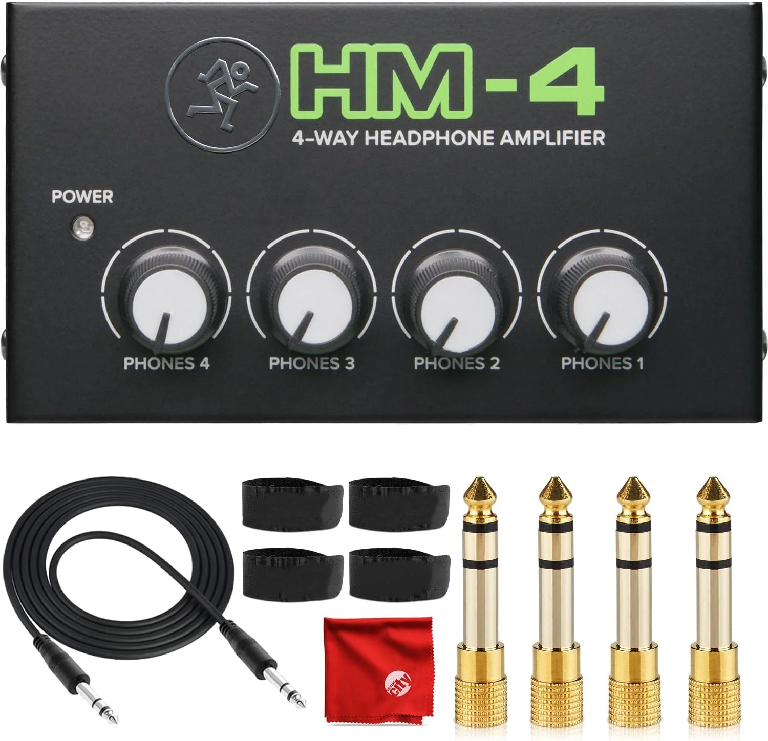 تقویت کننده هدفون 4 کاناله Mackie HM-4 به همراه کابل 10 فوتی TRS، 4 عدد آداپتور 1/4 اینچ به 3.5 میلی متر، 4 عدد بست کمربندی و پارچه میکروفیبر