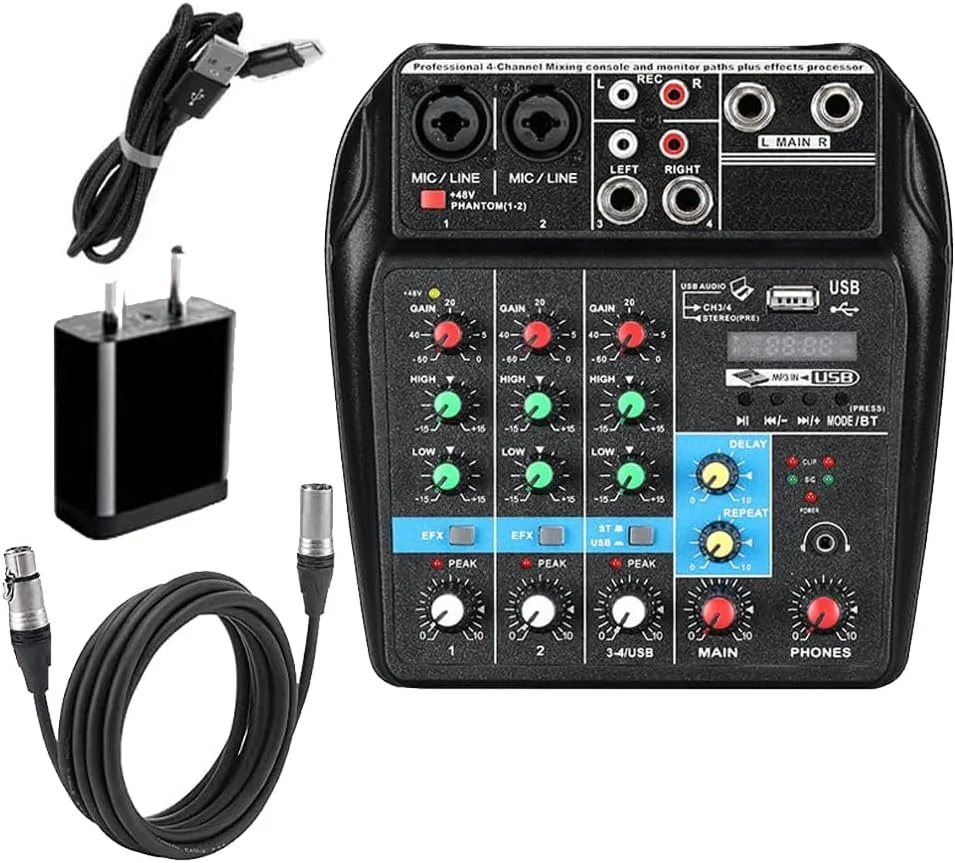 میکسر صدای سوونیر 5V 2A میکسر صوتی حرفه ای برای ضبط استودیویی، سیستم کنسول میکس صدای دیجیتال 4 کاناله رابط صوتی با USB بلوتوث MP3 ورودی کامپیوتر استریو با فانتوم پاور 48 ولت