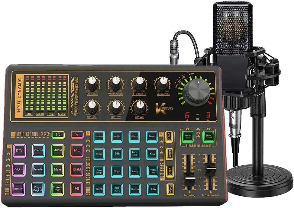 بسته تجهیزات پادکست sktome، بسته استودیوی ضبط حرفه ای - رابط صوتی/تغییر دهنده صدا ALL-IN-ONE قابل حمل با میکروفون 3.5 میلی متری برای گیتار، پخش زنده، رایانه شخصی، ضبط و بازی