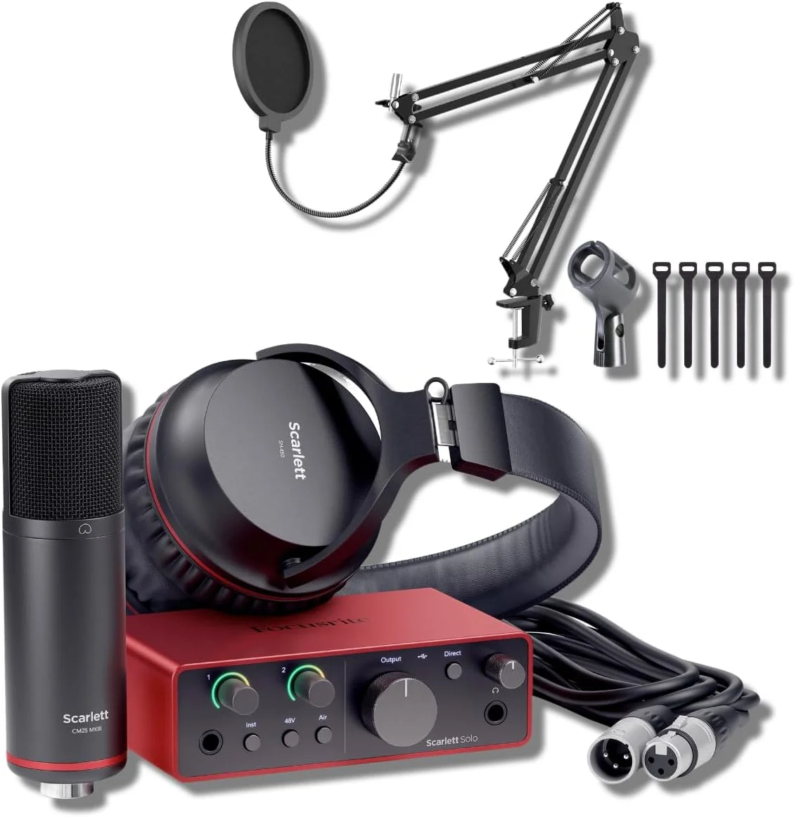 مجموعه کارت صدای USB اسکارلت سولو استودیو نسل 4 به همراه بازوی میکروفون StreamEye، گیره جداشدنی، کابل XLR حرفه ای، پاپ فیلتر میکروفون و بست کمربندی