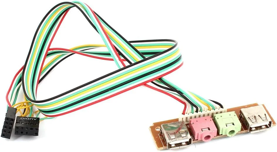 پنل جلویی کیس کامپیوتر با پورت USB، میکروفون و رابط هدفون به همراه کابل