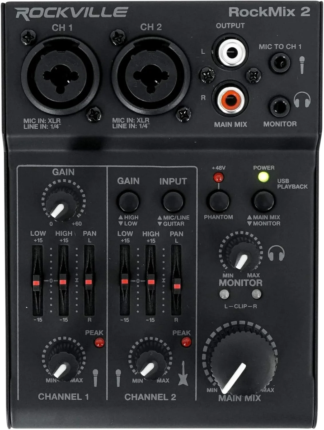 راکویل RockMix میکسر حرفه ای 2 کانال میکروفون/ساز + رابط USB/EQ