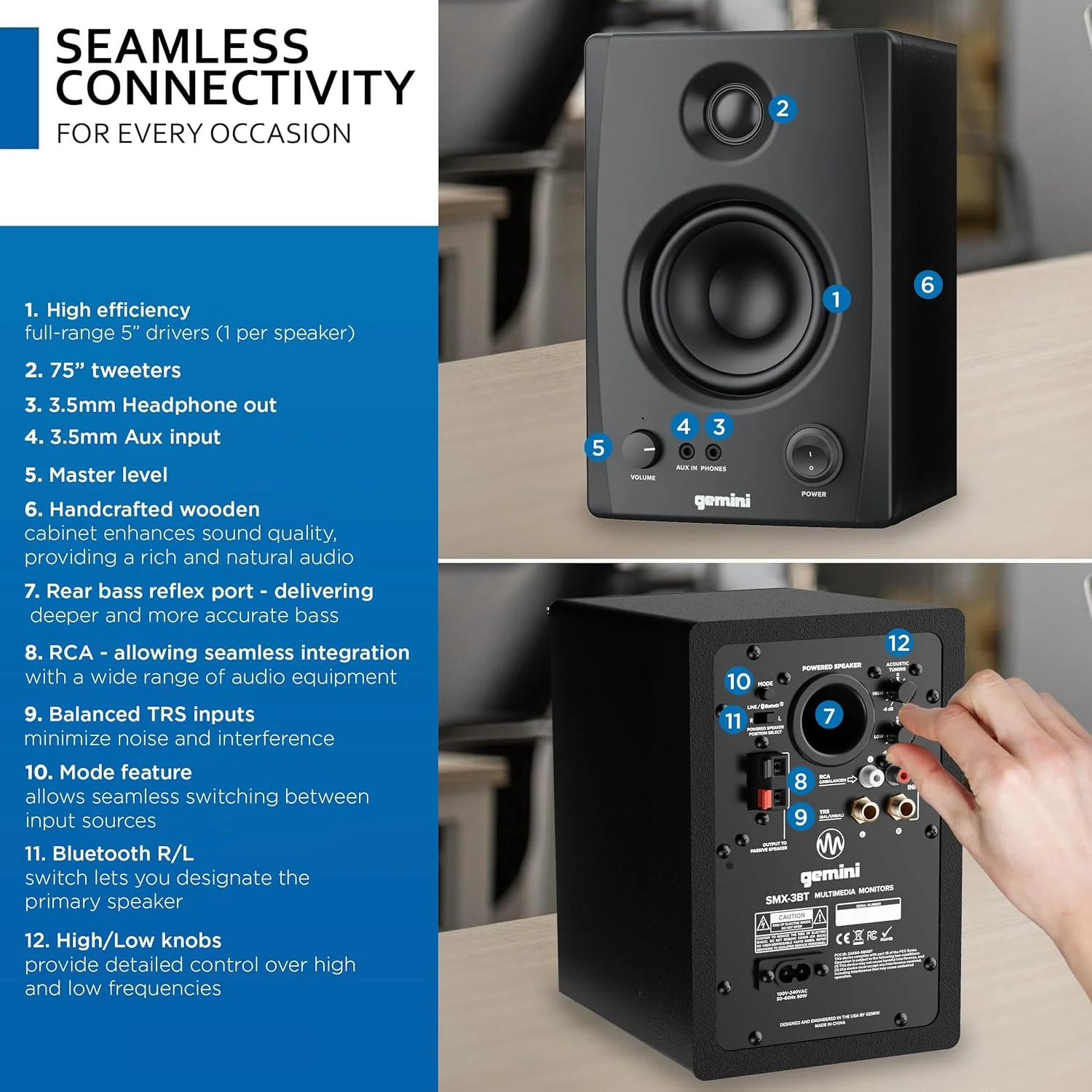 اسپیکرهای مانیتور استودیویی بلوتوثی Gemini Sound SMX-3BT 100W، جفتی اکتیو/پسیو برای کامپیوتر، ترنتیبل، دسکتاپ، ورودی RCA/3.5mm Aux، بدنه چوبی، کنترل EQ، ایدهآل برای استودیو خانگی و دیجیها اسپیکرهای مانیتور استودیویی بلوتوثی Gemini Sound SMX-3BT 100W، جفتی اکتیو/پسیو برای کامپیوتر، ترنتیبل، دسکتاپ، ورودی RCA/3.5mm Aux، بدنه چوبی، کنترل EQ، ایدهآل برای استودیو خانگی و دیجیها