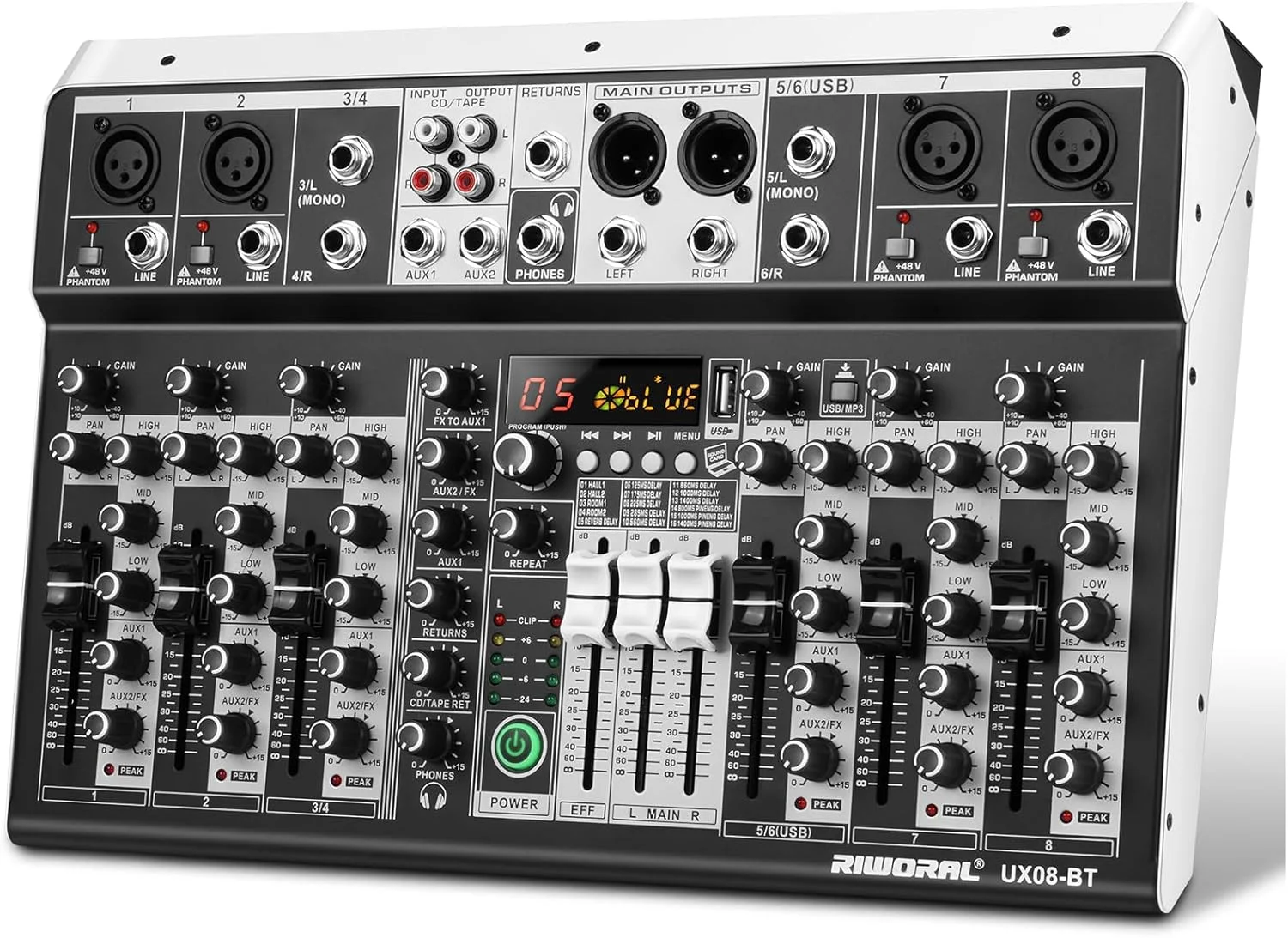 میکسر صوتی 8 کاناله، کنسول برد صدا DJ با 16 DSP، اتصال USB و بلوتوث، منبع تغذیه فانتوم 48 ولت، ورودی MP3، ایده آل برای کارائوکه، استریم و ضبط
