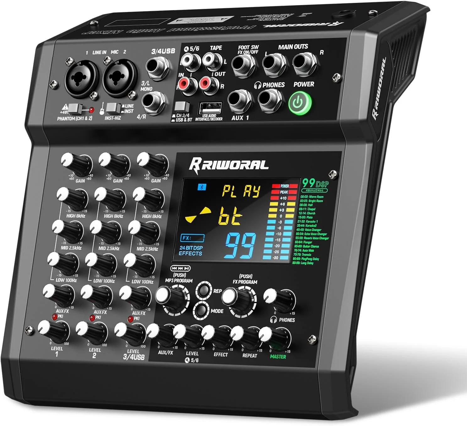 میکسر حرفه ای DJ 6 کاناله، برد میکسر با 99 افکت DSP، رابط صوتی USB، فانتوم پاور 48 ولت، عملکرد BT، MP3، میکسر صدا برای کارائوکه، استودیو DJ، استریمینگ، ضبط