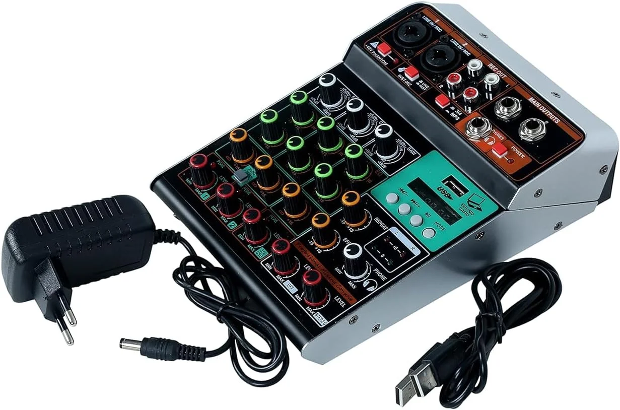 میکسر صوتی حرفه ای سیستم کنسول برد صدا رابط 4 کانال دیجیتال USB بلوتوث MP3 ورودی کامپیوتر فانتوم پاور 48 ولت استریو DJ استودیو استریمینگ / میکسر کوچک 4 طرفه با Reverb میکسر صوتی حرفه ای سیستم کنسول برد صدا رابط 4 کانال دیجیتال USB بلوتوث MP3 ورودی کامپیوتر فانتوم پاور 48 ولت استریو DJ استودیو استریمینگ / میکسر کوچک 4 طرفه با Reverb