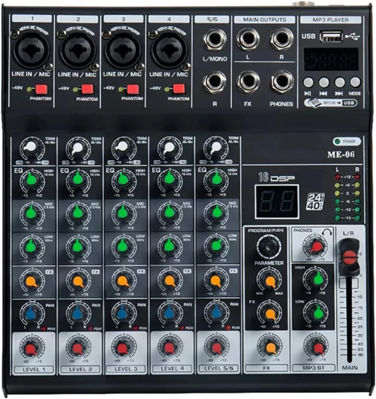 میکسر صوتی حرفه ای، سیستم کنسول برد صدا، رابط 6 کانال، میکسر دیجیتال DJ با افکت Reverb برای کارائوکه خانگی، میکسر USB استیج زنده