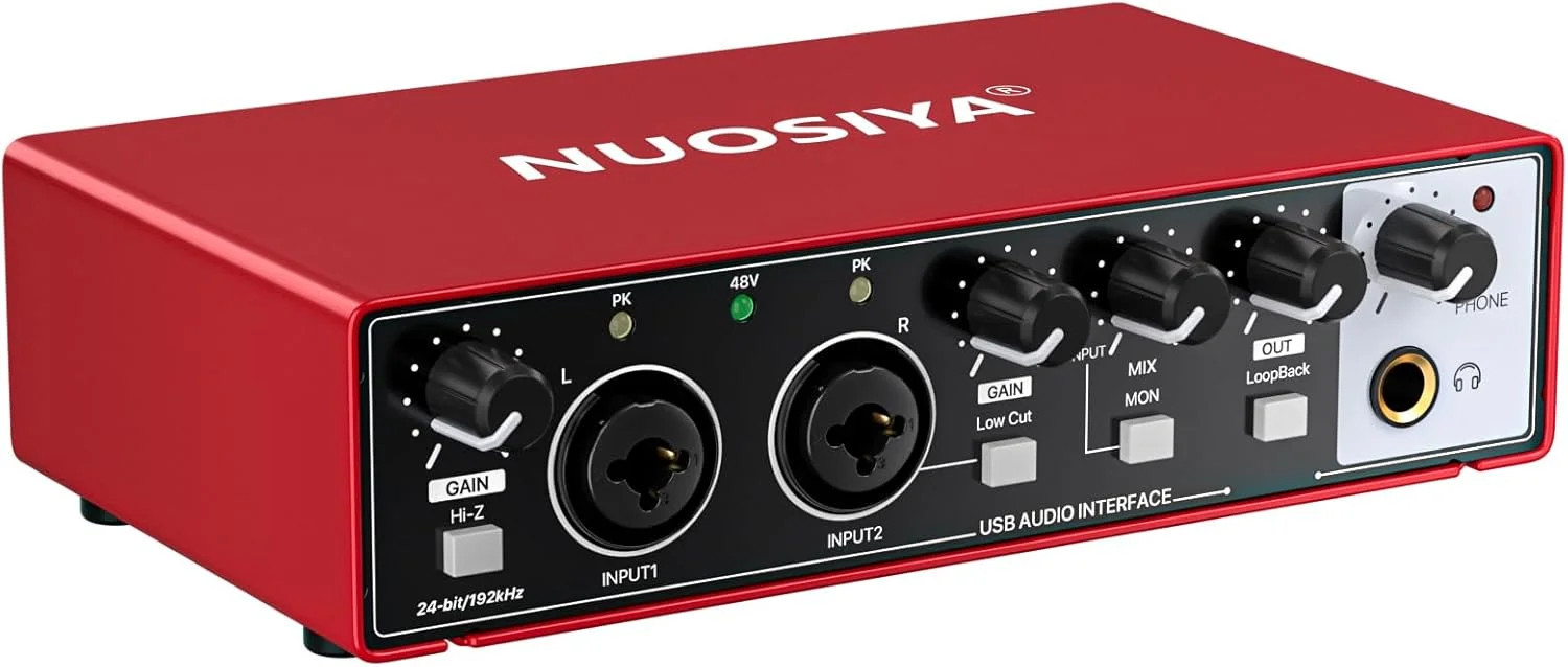 کارت صدای USB برای ضبط موسیقی کامپیوتر، کارت صدای گیتار 2x2 قرمز برای مک 24 بیت/192 کیلوهرتز، پادکست و استریم برای خواننده و تولید کننده با فانتوم پاور 48 ولت
