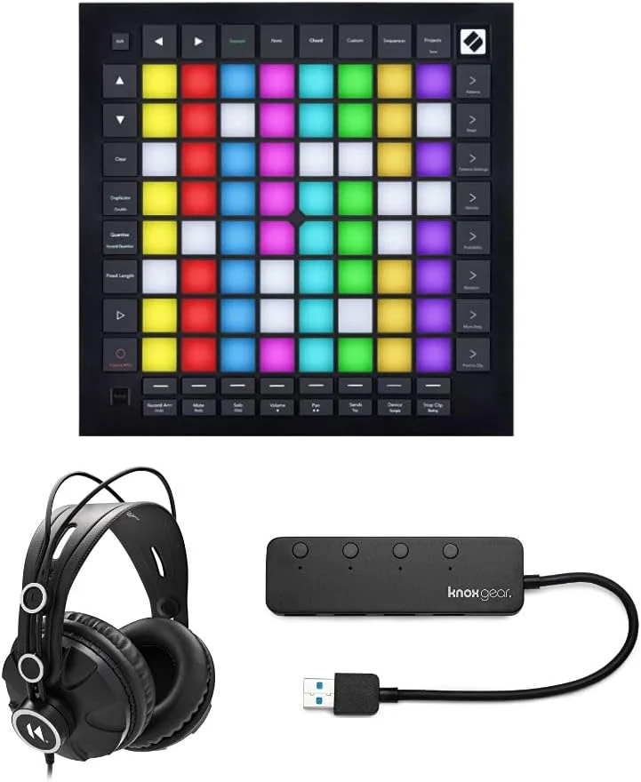 پکیج Novation Launchpad Pro MK3 به همراه هدفون روگوشی و هاب USB 3.0 چهار پورت Knox Gear (شامل 3 قلم کالا)