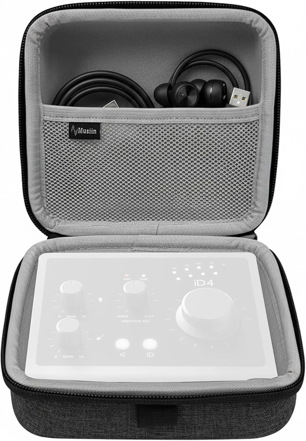 کیف حمل کارت صدا سازگار با Audient iD4 و NI komplete Audio1/2، دارای پوشش داخلی نرم، جیب توری برای کابل‌ها و دسته راحت - ایده‌آل برای استودیو، تمرین و مسافرت.
