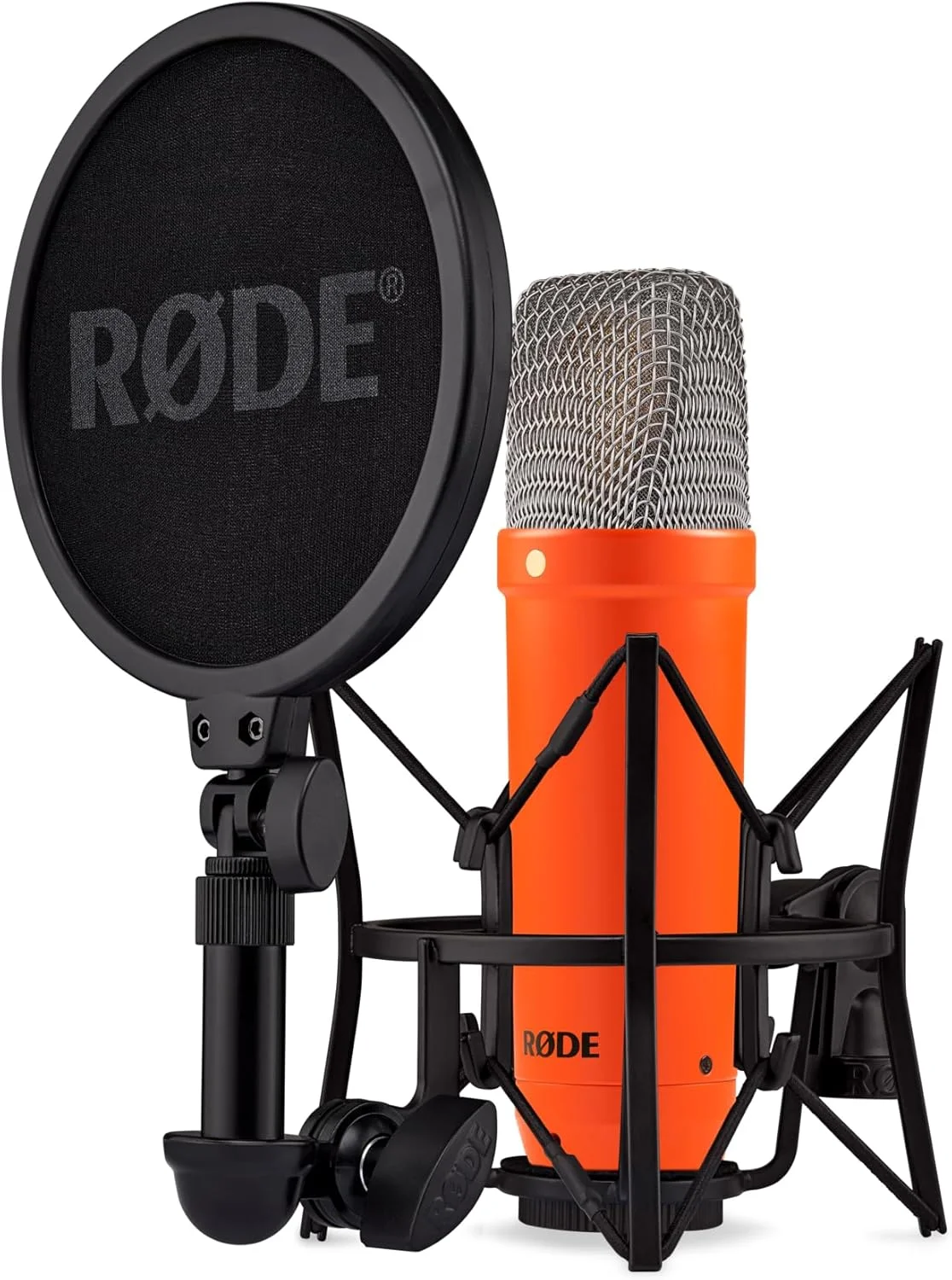 میکروفون کاندنسر دیافراگم بزرگ RØDE NT1 سری Signature به همراه لرزه‌گیر، پاپ فیلتر و کابل XLR برای تولید موسیقی، ضبط وکال، استریم و پادکست (نارنجی)