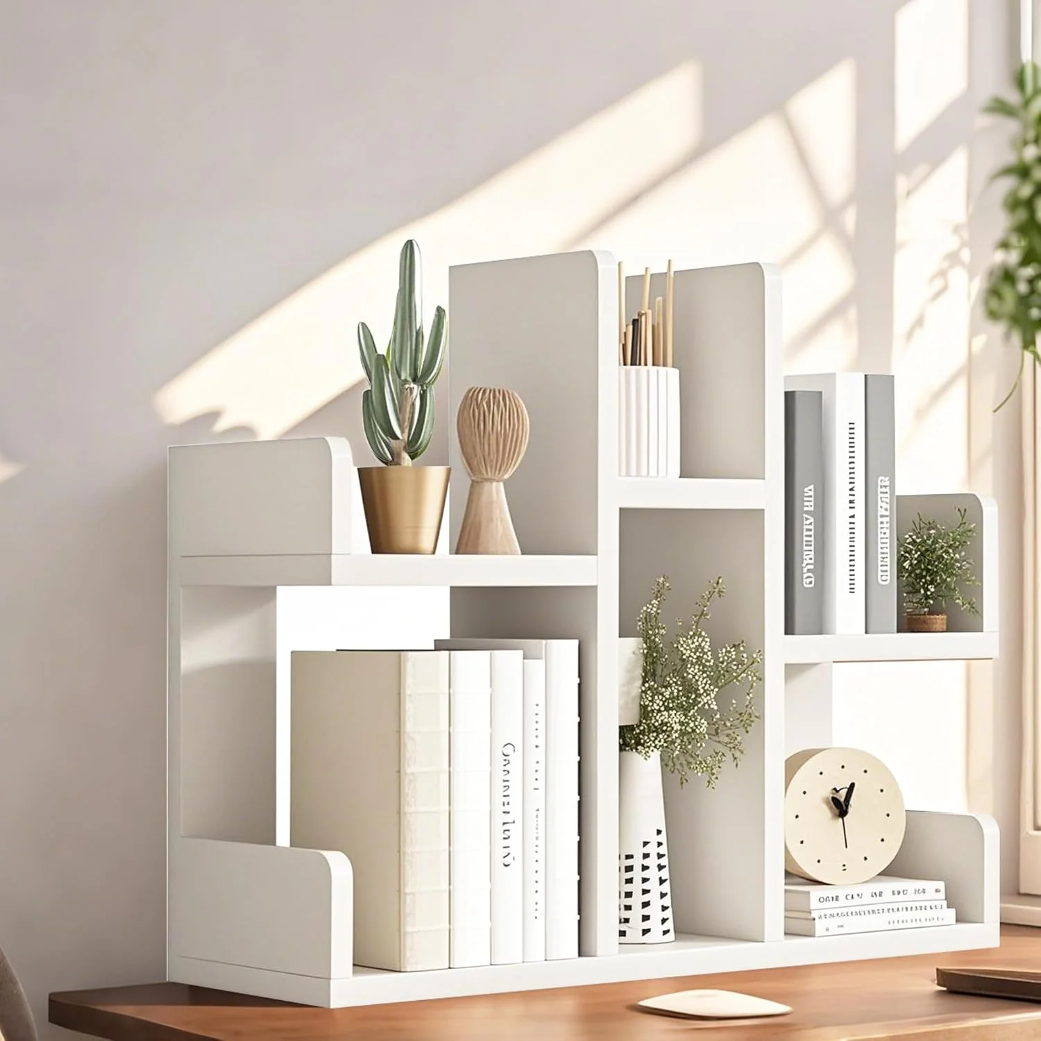 قفسه کتاب کوچک، قفسه رومیزی، قفسه رومیزی چوبی گردویی، قفسه نمایشگر قفسه ذخیره سازی اداری رومیزی با طراحی منحصر به فرد برای دفتر، دکوراسیون منزل