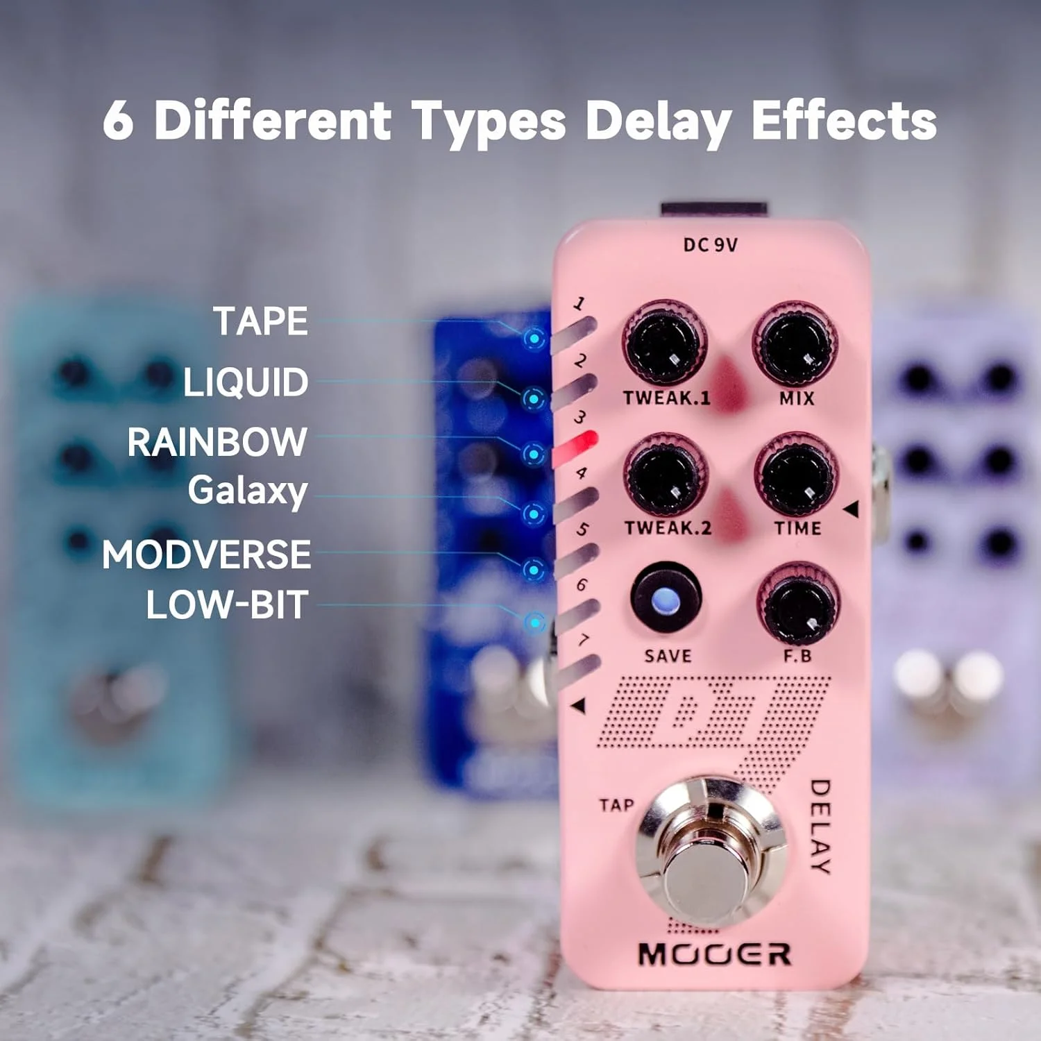 پدال تاخیر چندگانه مینی MOOER D7 با 6 افکت تاخیر قابل تنظیم (Tape، Liquid، Rainbow، Galaxy، Mod-Verse، Low-bit) و ضبط لوپر 150 ثانیه ای، صورتی
