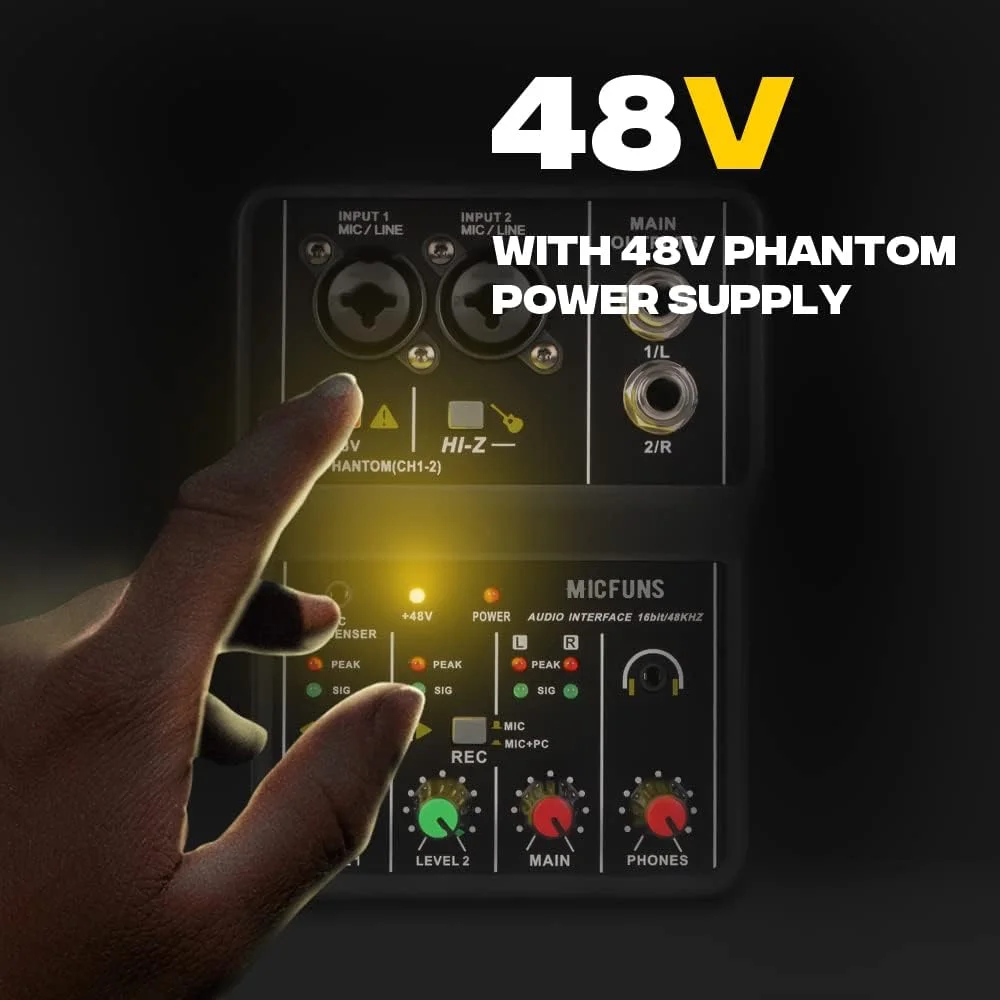 میکسر صوتی DJ مینی 2 کانال با فانتوم پاور 48 ولت، جک کمبو میکروفون/گیتار XLR+6.35mm، ورودی استریو 3.5mm، جک هدفون برای استودیو، اجرای زنده، ضبط مهمانی میکسر صوتی DJ مینی 2 کانال با فانتوم پاور 48 ولت، جک کمبو میکروفون/گیتار XLR+6.35mm، ورودی استریو 3.5mm، جک هدفون برای استودیو، اجرای زنده، ضبط مهمانی